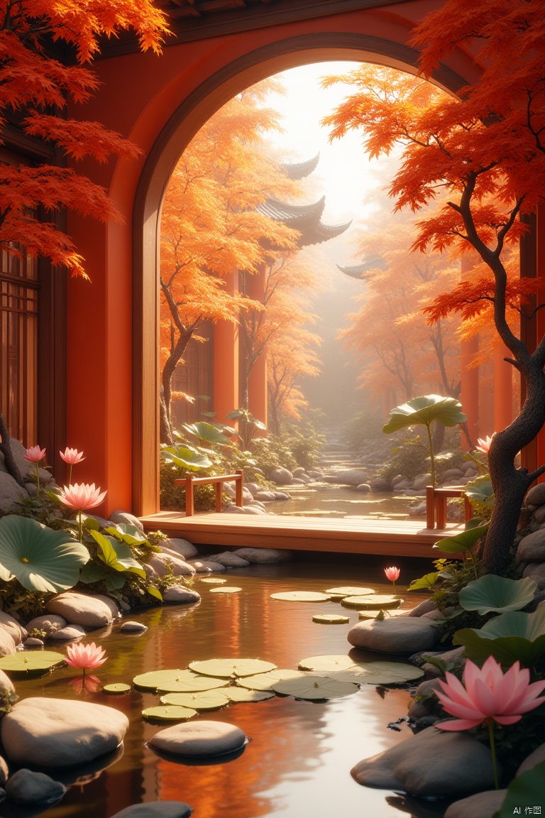 Futurism,Eastern aesthetics,Surrealism,Song Dynasty architecture,splendid architecture,bright lighting,abundant light,A type of Chinese garden architecture with orange walls and roofs,a large window overlooking autumn trees outside,a beautiful indoor garden with rockery landscapes,lotus leaf water features,and a small wooden bridge spanning clear water surfaces. This scene exudes tranquility and warmth,bathed in warm golden sunlight,passing through autumn leaves,with warm tones,facing,symmetrical composition,high resolution,and ultra detailed,