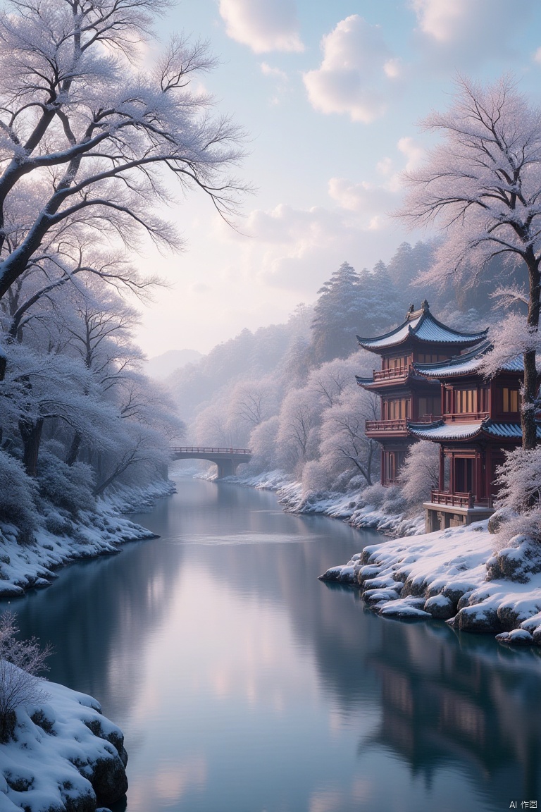  snow,winter,the Yellow River water heaven,running to the sea and never back,the high hall mirror,toward like silk dusk,Ancient Chinese palaces,cinematic_angle,depth of field