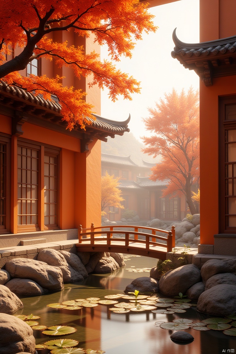Futurism,Eastern aesthetics,Surrealism,Song Dynasty architecture,splendid architecture,bright lighting,abundant light,A type of Chinese garden architecture with orange walls and roofs,a large window overlooking autumn trees outside,a beautiful indoor garden with rockery landscapes,lotus leaf water features,and a small wooden bridge spanning clear water surfaces. This scene exudes tranquility and warmth,bathed in warm golden sunlight,passing through autumn leaves,with warm tones,facing,symmetrical composition,high resolution,and ultra detailed,