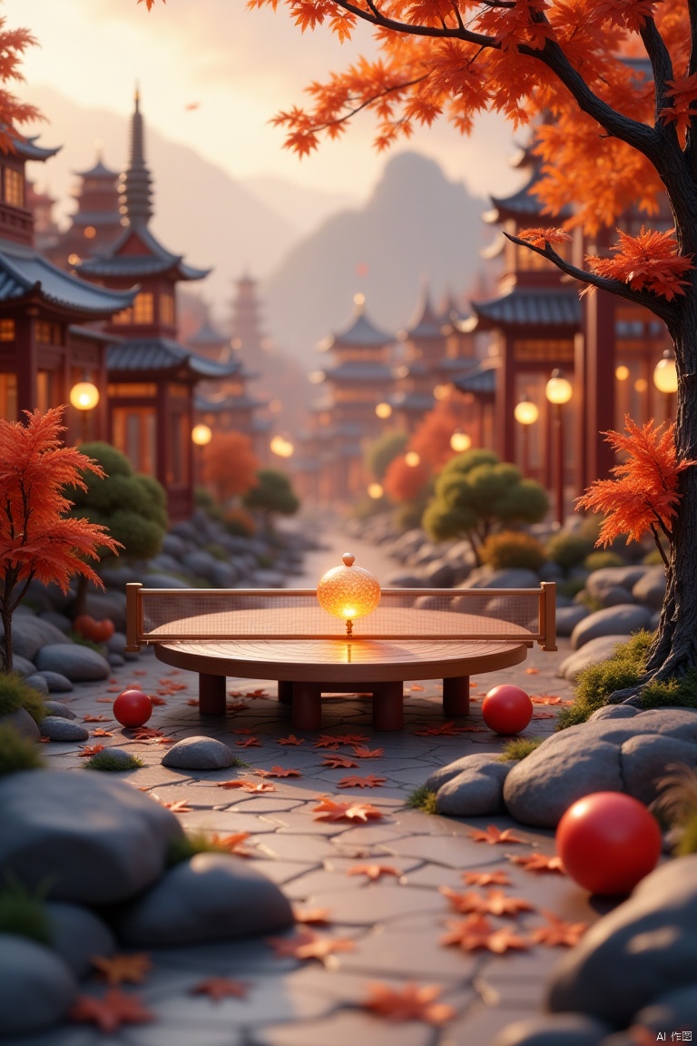 tao,chi,scenery,building,blurry,tree,outdoors,city,Lavender,flowers,wooden board,table tennis ball,table tennis rack,glowing sphere,The image showcases a meticulously crafted miniature cityscape with intricate details,set against a warm autumnal backdrop,highly detailed,RAW photo,best quality,high resolution,(masterpiece),(photorealistic),sharp focus,HDR,8K resolution,intricate detail,sophisticated detail,depth of field,extremely detailed,wallpaper,
