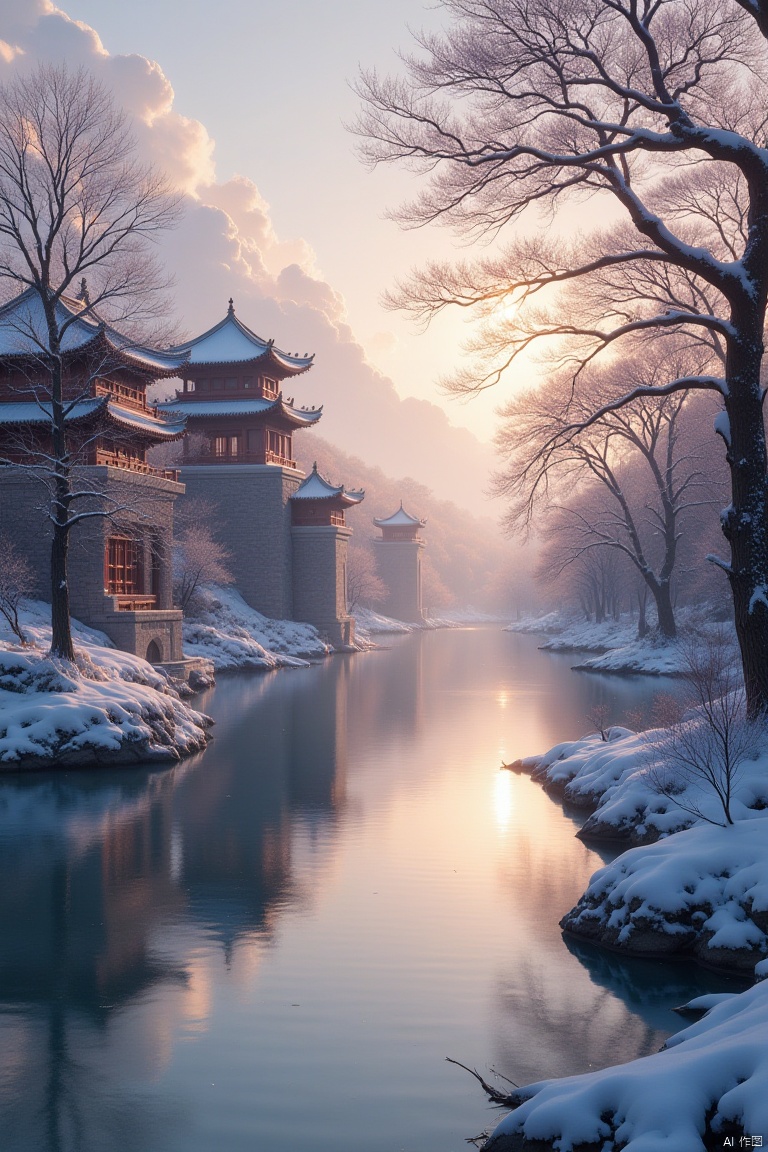  snow,winter,the Yellow River water heaven,running to the sea and never back,the high hall mirror,toward like silk dusk,Ancient Chinese palaces,cinematic_angle,depth of field