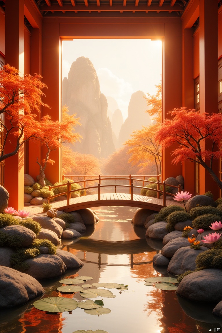 Futurism,Eastern aesthetics,Surrealism,Song Dynasty architecture,splendid architecture,bright lighting,abundant light,A type of Chinese garden architecture with orange walls and roofs,a large window overlooking autumn trees outside,a beautiful indoor garden with rockery landscapes,lotus leaf water features,and a small wooden bridge spanning clear water surfaces. This scene exudes tranquility and warmth,bathed in warm golden sunlight,passing through autumn leaves,with warm tones,facing,symmetrical composition,high resolution,and ultra detailed,