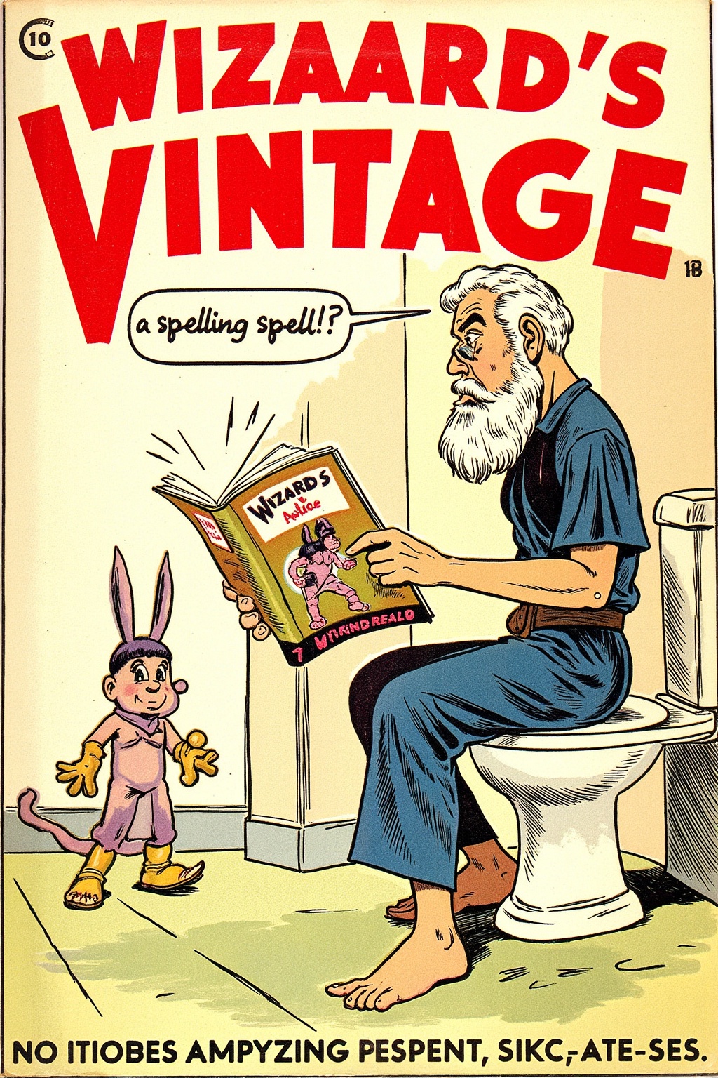 vintage comic book cover with wizard whitebeard using the toilet reading a comic book,  A speech bubble next to him reads:...