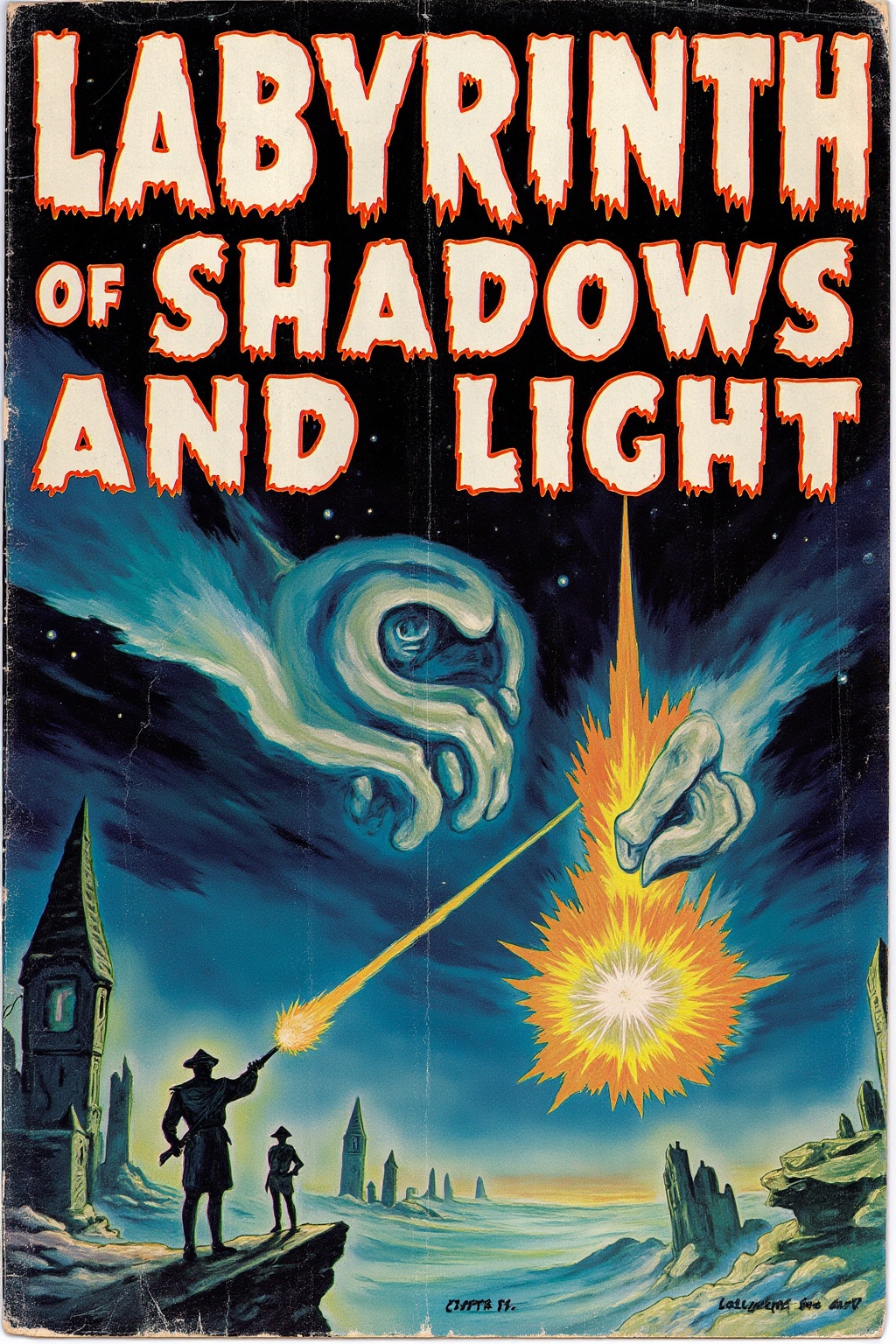 vintage comic book cover with the title "Labyrinth of Shadows and Light" in gruesome Opal font,  retro pulp sci-fi style o...