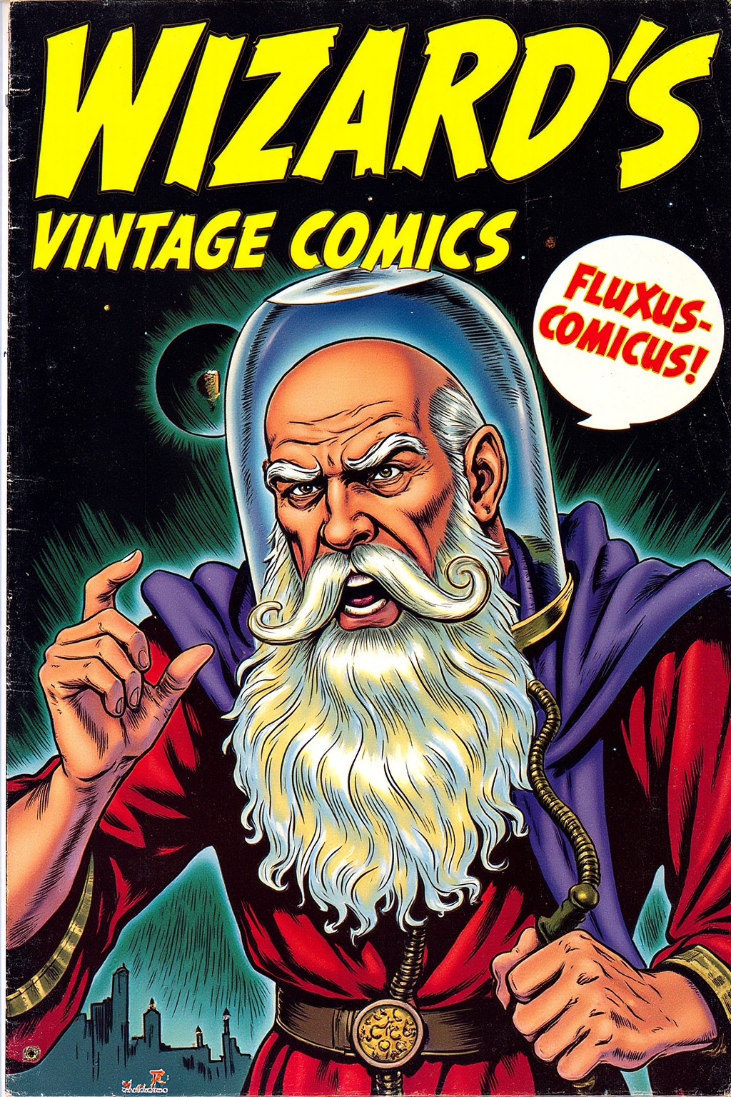 vintage comic book cover,  with yellow title that reads "wizard's vintage comics",  pulp art style sci-fi on Tensor.Art