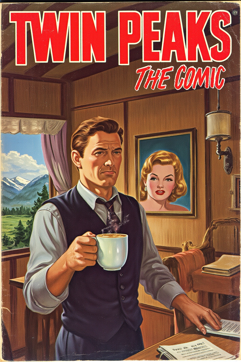 vintage comic book cover of "Twin Peaks" "the comic",  1950s Pulp art style aesthetics,  Special agent dale cooper holding...