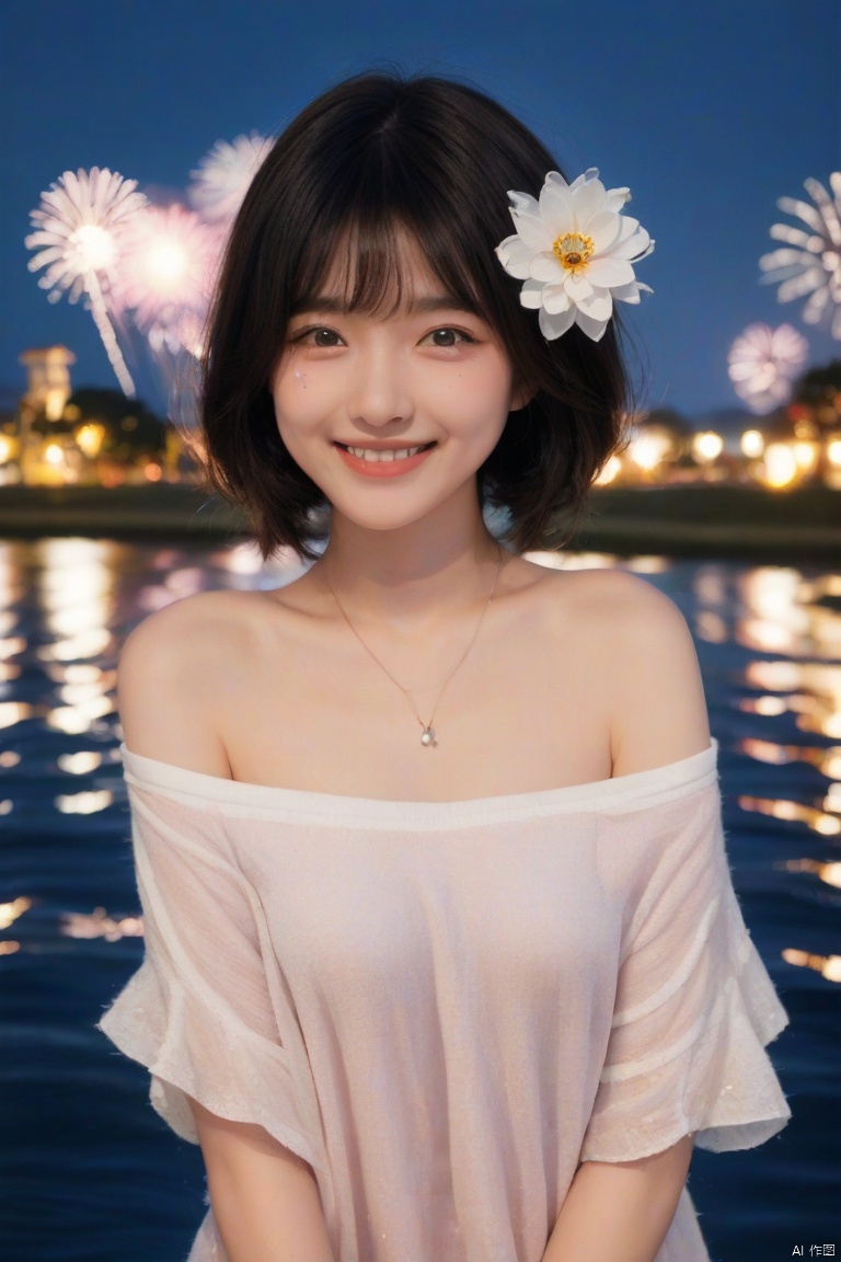 1girl, solo, looking at viewer, smile, short hair, brown hair, black hair, hair ornament, bare shoulders, flower, outdoors, sky, teeth, hair flower, water, off shoulder, blurry, lips, head tilt, night, night sky, realistic, fireworks