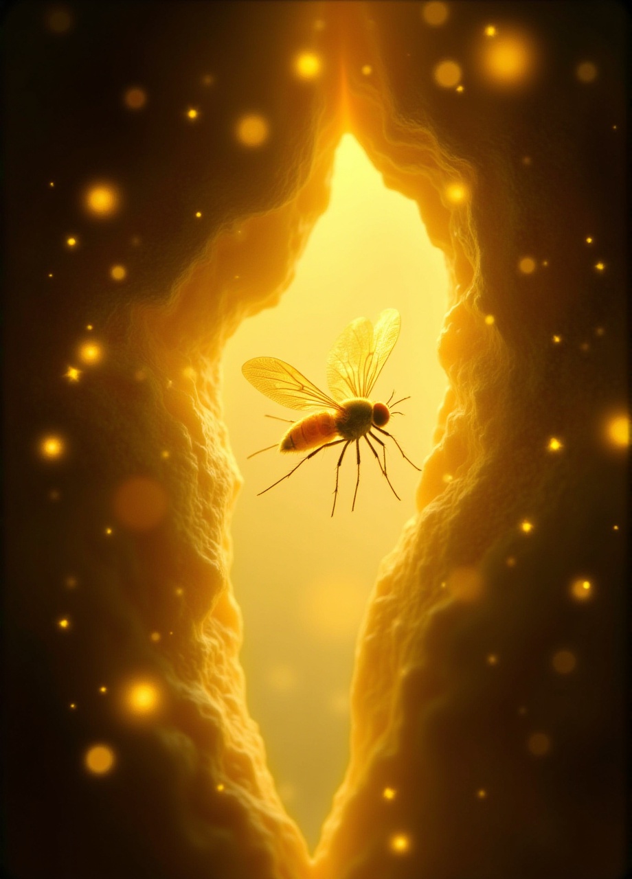 Whimsical Macro shot of a radiant firefly with glowing wings,  flying through a rift surrounded by tiny sparkling lights,...