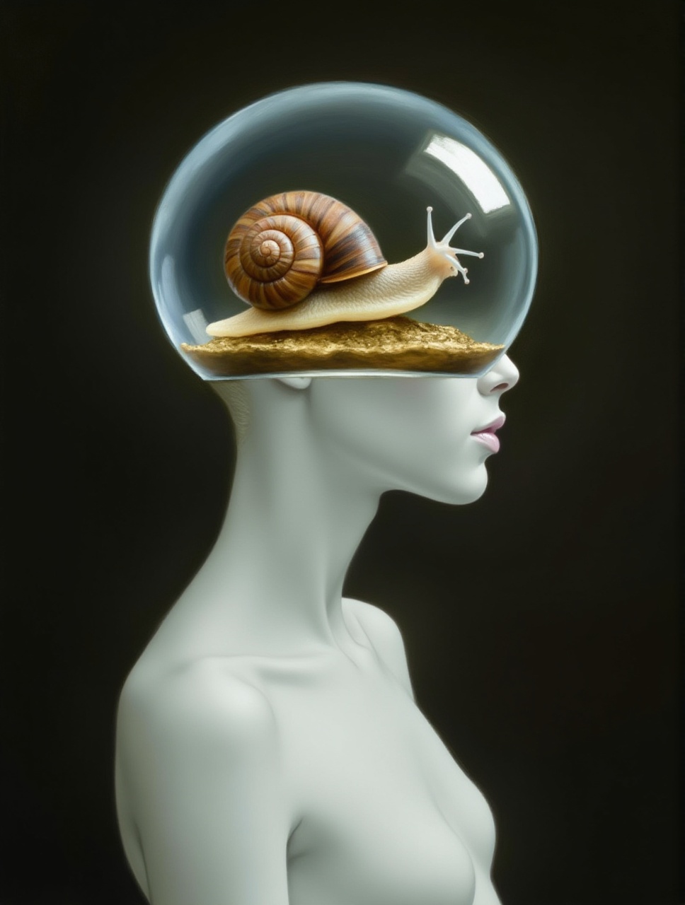 A surreal still life: The porcelain-skinned girl stands elegantly,  her ethereal beauty contrasted by the glass sphere enc...