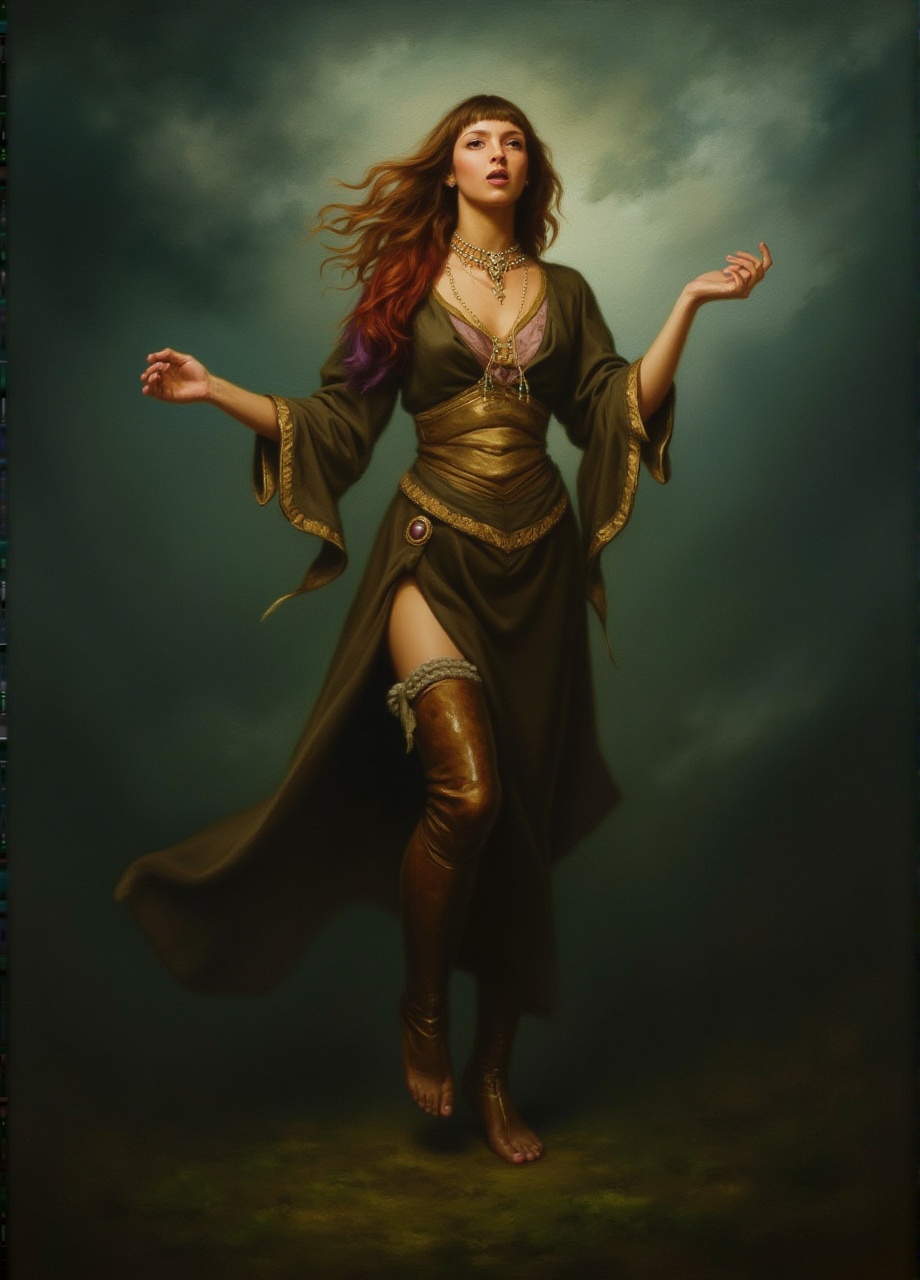 realistic photo of a Female Djinn,  the Djinn is dressed in Greaves,  Colored hair styled as Side-swept bangs on Tensor.Art