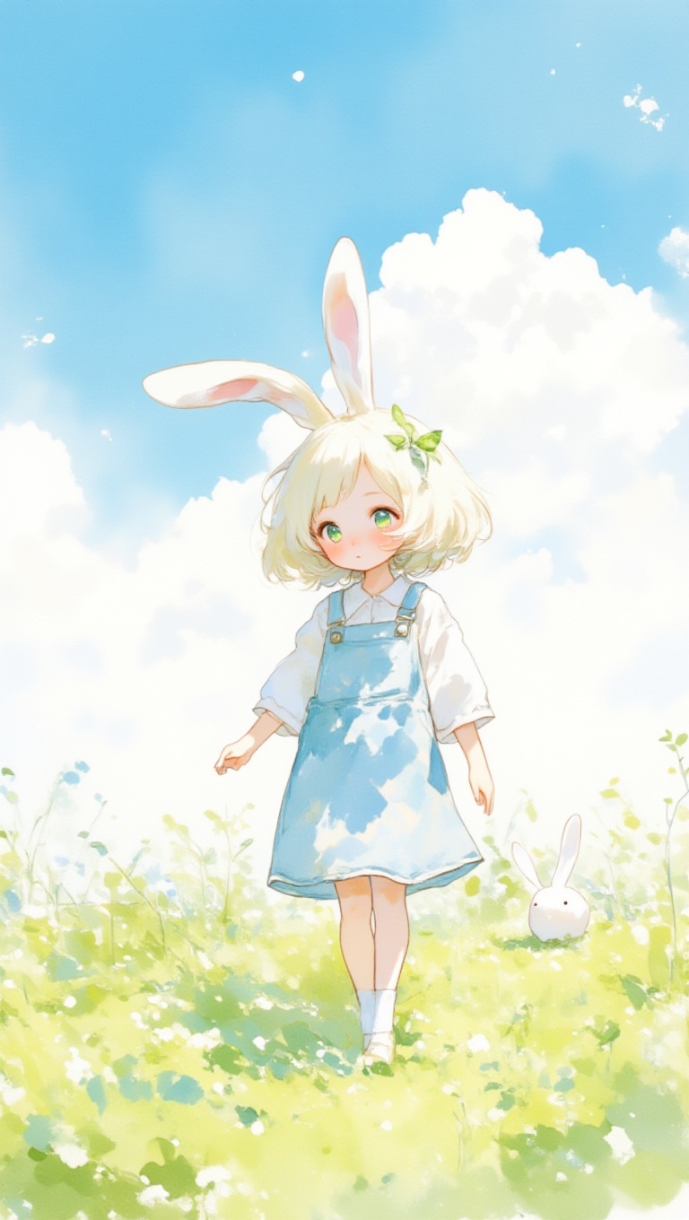 watercolor,  bunny toddler girl in kindergarten lightblue smock walking fields,  background blue sky on Tensor.Art
