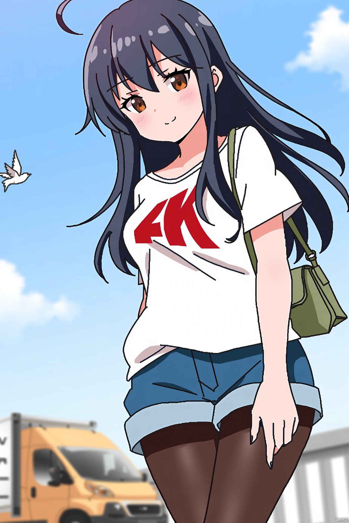 1girl, solo, long hair, shirt, black hair, short sleeves, pantyhose, outdoors, shorts, day, bag, bird, denim, ground vehicle, motor vehicle, legwear under shorts
