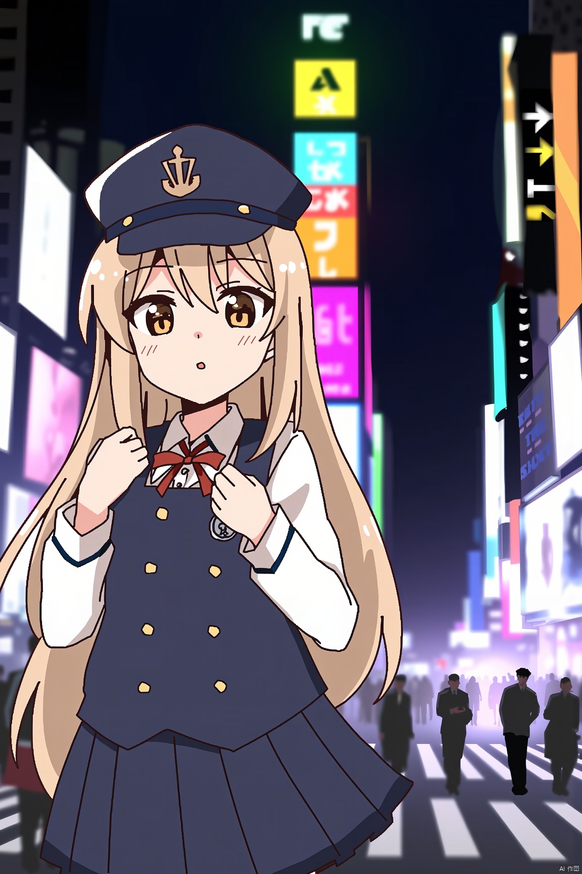 1girl,uniform,outdoors, english text, sketch, night, building, city, sign, crowd, neon lights, people