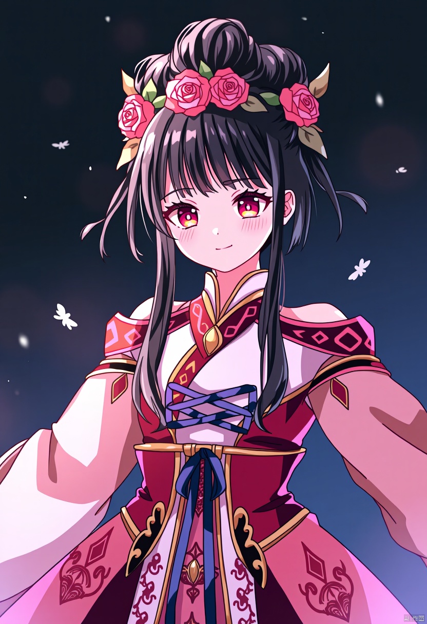 Watery eyes, delicate and detailed eyes, inspired by a subtle Card Captor Sakura influence, long black hair in a manga style, wearing long sleeves, a flower headband with roses in the background, in 4k and 8k resolution. The character has round eyes with round pupils, a happy expression, in a colorful and fantasy magical setting. Her hair is complex with intricate details, and there is texture on her clothing. The scene includes fireflies, with one girl wearing a combination of modern and traditional elements, incorporating Hanfu elements in the clothing. The girl is elegantly posed with arms extended, dressed in an elaborate, historical-style attire featuring a detailed dress with intricate patterns in pink and gold. Her hair is styled in an updo, adorned with a headpiece or crown, and she is wearing jewelry that complements the outfit. The background is dark, highlighting the character and her regal, sophisticated appearance.bold outline