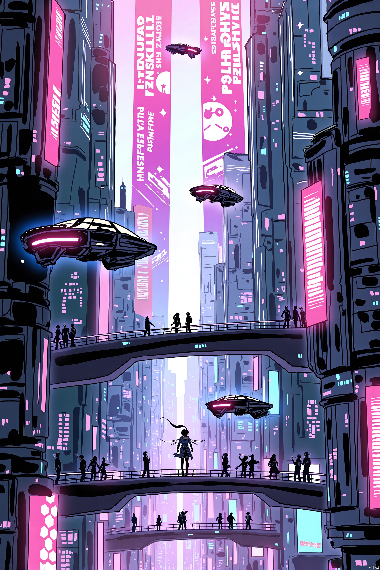 ANIME GIRL, A sprawling metropolis filled with towering skyscrapers made of glass and metal, their surfaces reflecting neon lights. Hovering vehicles zip through the air, while pedestrians navigate elevated walkways. Holographic advertisements flicker above, promoting advanced technology and interstellar travel, creating a vibrant, bustling atmosphere.bold outline