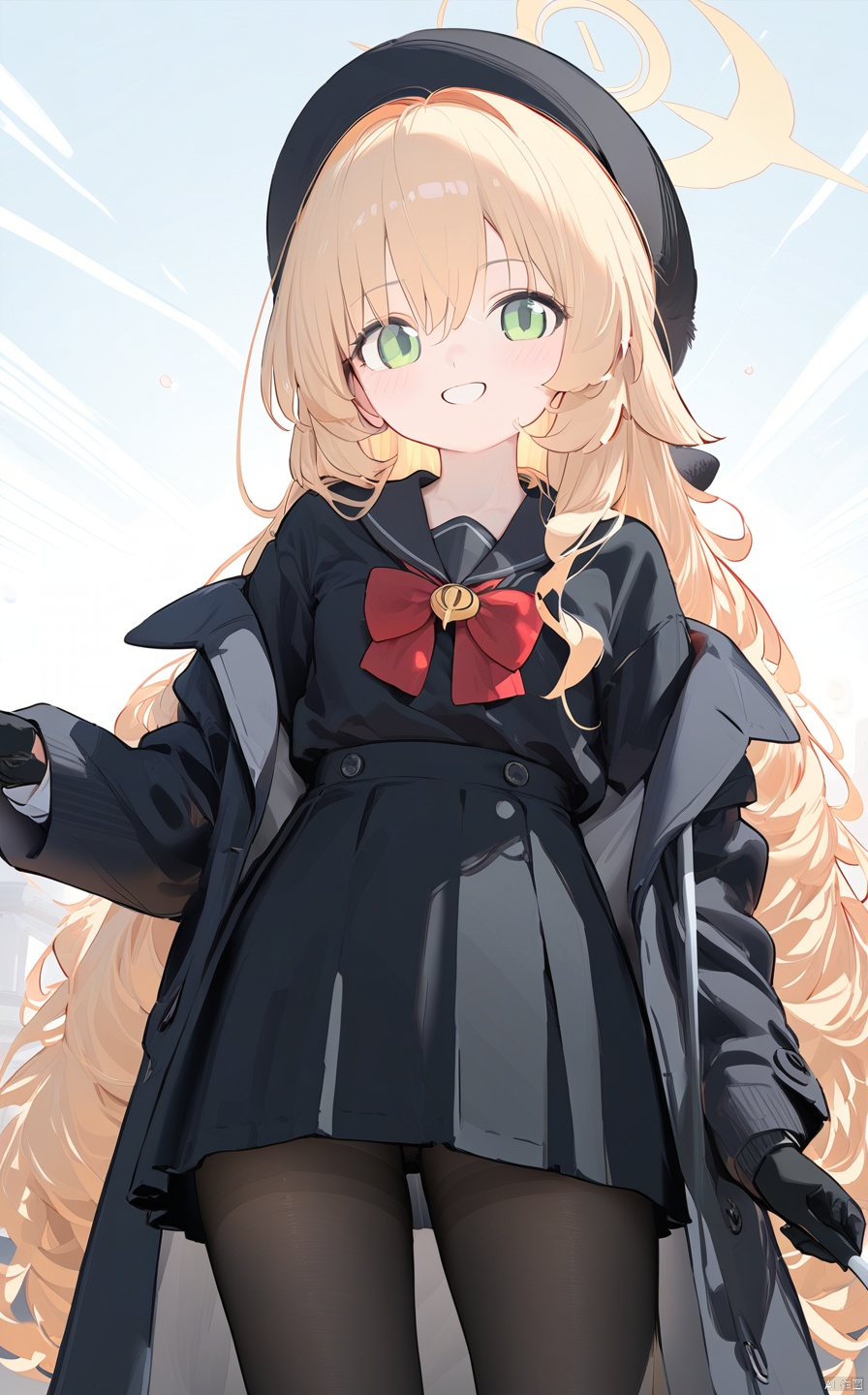 (score_9,score_8_up,score_7_up),1girl,(masterpiece:1.3),( beautiful:1.2),(high quality:1.2),(finely detailed:1.2),extremely detailed CG unity 8k wallpaper,best quality,a very delicate and beautiful,perfect fingers,(one cute girl at the center:1.2), 1girl, solo, long hair, looking at viewer, blush, smile, bangs, skirt, blonde hair, shirt, gloves, long sleeves, hat, bow, hair between eyes, school uniform, green eyes, jacket, pantyhose, pleated skirt, open clothes, serafuku, black gloves, bowtie, black skirt, sailor collar, off shoulder, red bow, black jacket, (black pantyhose), black shirt, black headwear, beret, halo, thighband pantyhose,niyaBA,white backgroud