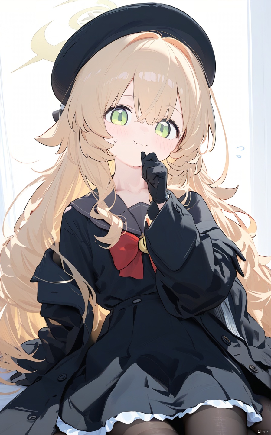 (score_9,score_8_up,score_7_up),1girl,(masterpiece:1.3),( beautiful:1.2),(high quality:1.2),(finely detailed:1.2),extremely detailed CG unity 8k wallpaper,best quality,a very delicate and beautiful,perfect fingers,(one cute girl at the center:1.2), 1girl, solo, long hair, looking at viewer, blush, bangs, blonde hair, simple background, gloves, long sleeves, hat, white background, dress, bow, hair between eyes, sitting, very long hair, green eyes, jacket, pantyhose, frills, open clothes, black gloves, off shoulder, black dress, red bow, black jacket, black pantyhose, black headwear, beret, halo, flying sweatdrops, @ @, niyaBA