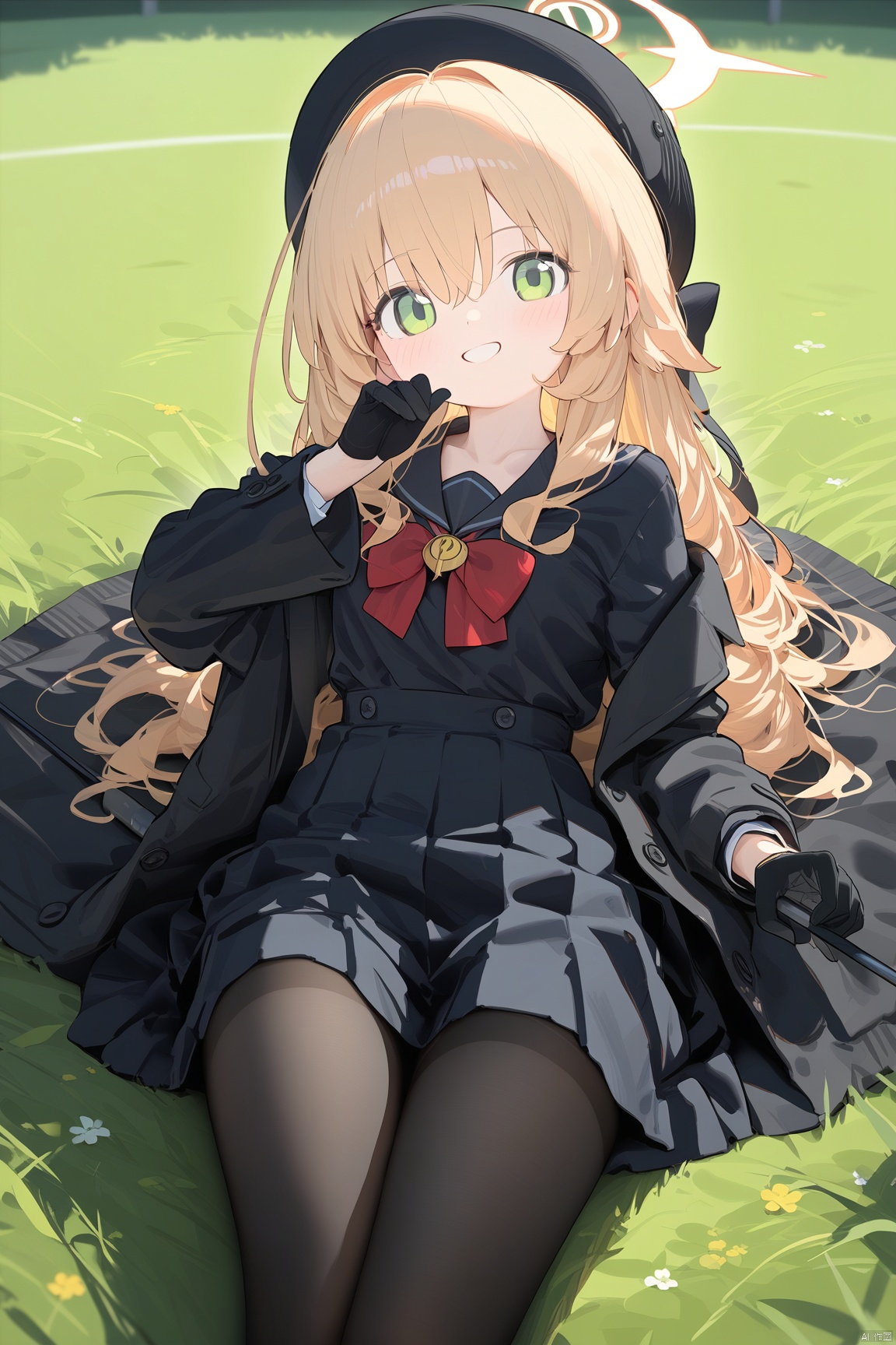 (score_9,score_8_up,score_7_up),1girl,(masterpiece:1.3),( beautiful:1.2),(high quality:1.2),(finely detailed:1.2),extremely detailed CG unity 8k wallpaper,best quality,a very delicate and beautiful,perfect fingers,(one cute girl at the center:1.2), 1girl, solo, long hair, looking at viewer, blush, smile, bangs, skirt, blonde hair, shirt, gloves, long sleeves, hat, bow, hair between eyes, school uniform, green eyes, jacket, pantyhose, pleated skirt, open clothes, serafuku, black gloves, bowtie, black skirt, sailor collar, off shoulder, red bow, black jacket, ((black pantyhose)), black shirt, black headwear, beret, halo, thighband pantyhose, leaning_back, (full body), sitting, feet_focus, feet, soles, toes, niyaBA, outdoors, blue sky, park , lawn, panty_shot, legs_up
