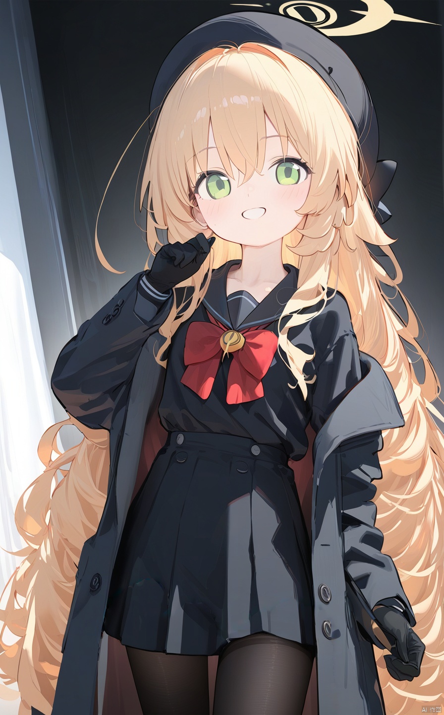 (score_9,score_8_up,score_7_up),1girl,(masterpiece:1.3),( beautiful:1.2),(high quality:1.2),(finely detailed:1.2),extremely detailed CG unity 8k wallpaper,best quality,a very delicate and beautiful,perfect fingers,(one cute girl at the center:1.2), 1girl, solo, long hair, looking at viewer, blush, smile, bangs, skirt, blonde hair, shirt, gloves, long sleeves, hat, bow, hair between eyes, school uniform, green eyes, jacket, pantyhose, pleated skirt, open clothes, serafuku, black gloves, bowtie, black skirt, sailor collar, off shoulder, red bow, black jacket, ((black pantyhose)), black shirt, black headwear, beret, halo, thighband pantyhose,niyaBA,white backgroud