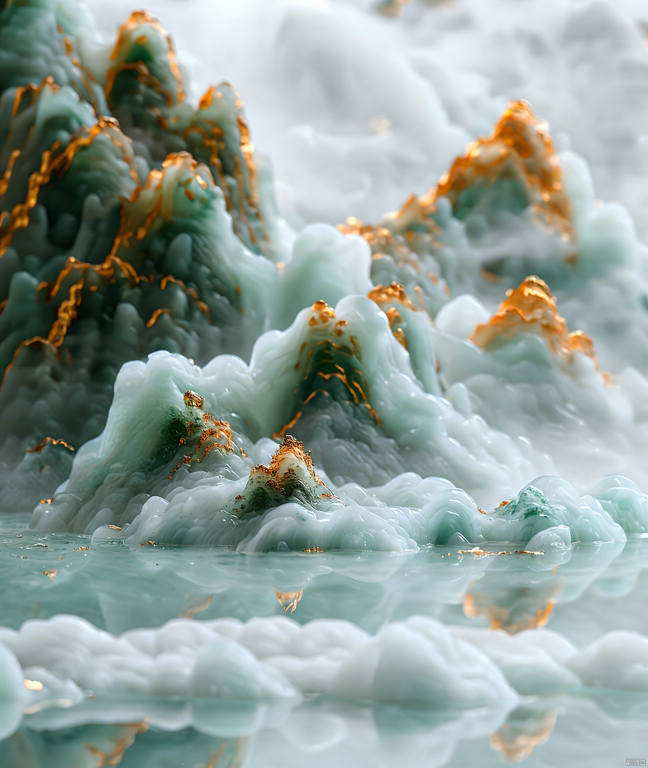 jade carving,Captured from a high-angle perspective,a detailed detailed view of a waterfall is depicted. The waterfall is made up of a variety of rocks,each with a unique texture and design. The rocks are covered in a layer of water,creating a stark contrast with the waterfall. The water is a light blue,with a reflection of the rocks in the water,adding a touch of nature to the scene. The scene is entirely entirely entirely blurred,with the rocks and trees in the foreground and the background in the background.