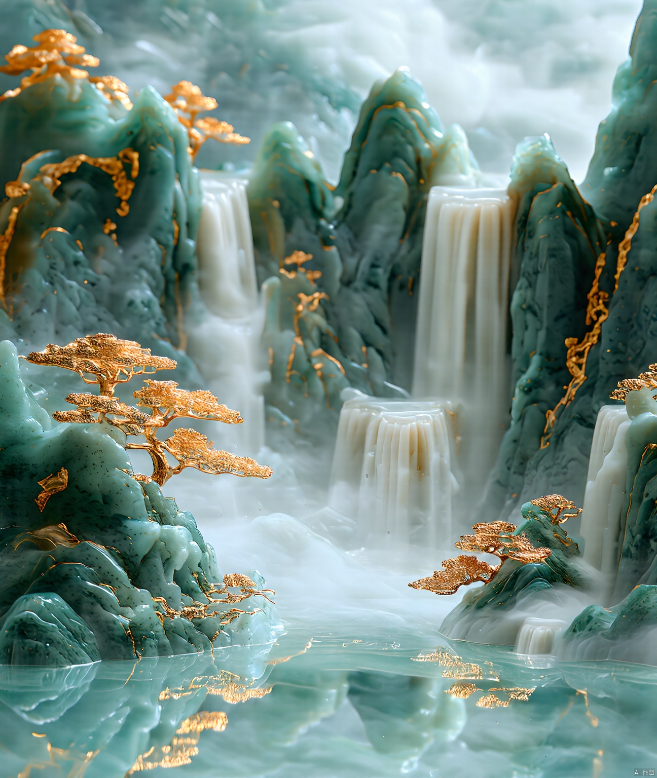 jade carving,Captured from a high-angle perspective,a detailed detailed view of a waterfall is depicted. The waterfall is made up of a variety of rocks,each with a unique texture and design. The rocks are covered in a layer of water,creating a stark contrast with the waterfall. The water is a light blue,with a reflection of the rocks in the water,adding a touch of nature to the scene. The scene is entirely entirely entirely blurred,with the rocks and trees in the foreground and the background in the background.