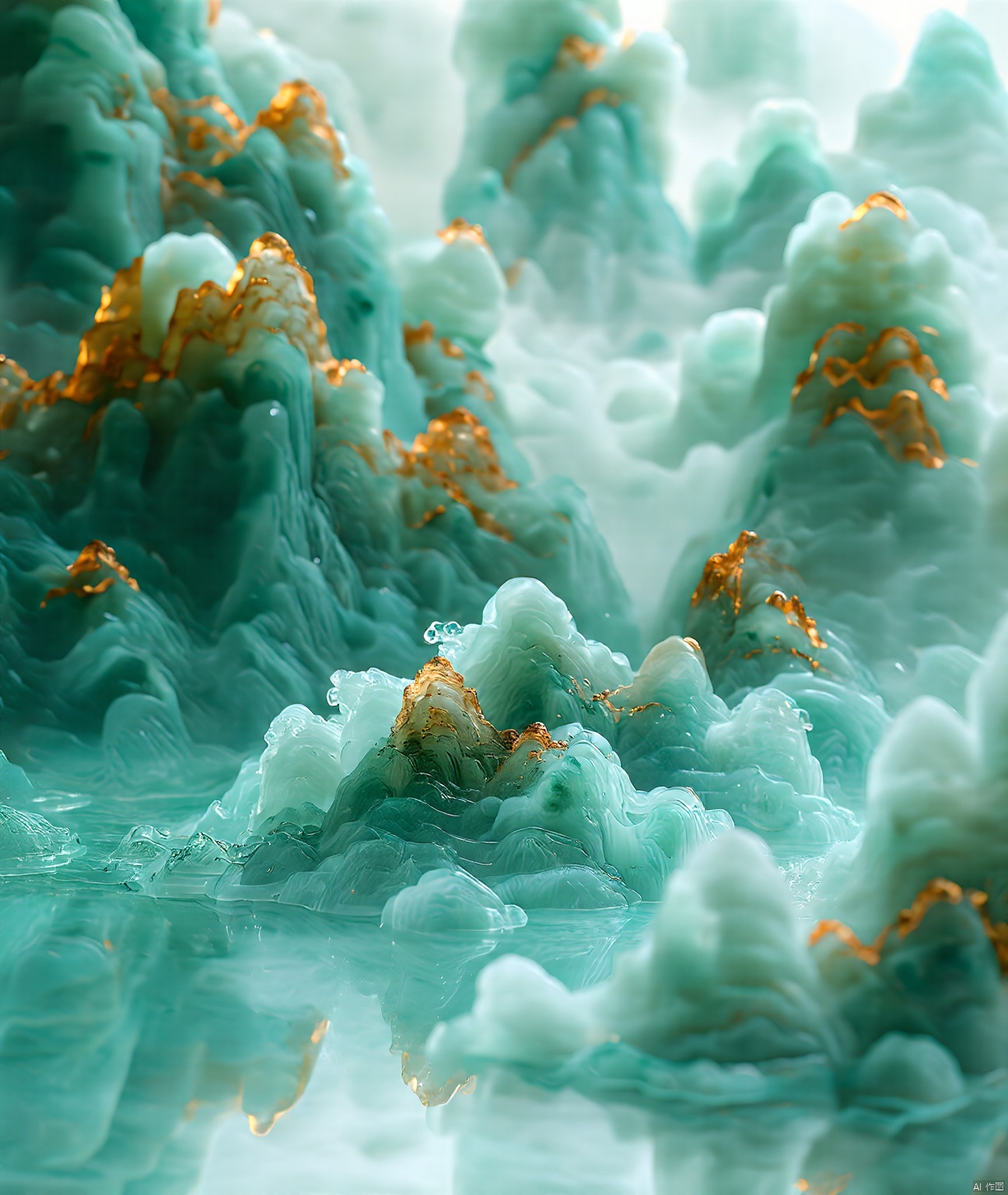 jade carving,Captured from a high-angle perspective,a detailed detailed view of a waterfall is depicted. The waterfall is made up of a variety of rocks,each with a unique texture and design. The rocks are covered in a layer of water,creating a stark contrast with the waterfall. The water is a light blue,with a reflection of the rocks in the water,adding a touch of nature to the scene. The scene is entirely entirely entirely blurred,with the rocks and trees in the foreground and the background in the background.