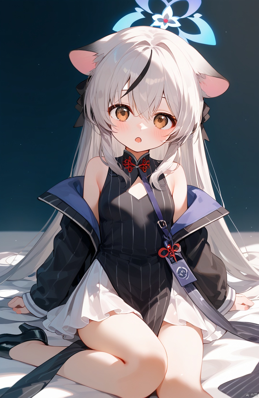   (score_9,score_8_up,score_7_up),1girl,(masterpiece:1.3),( beautiful:1.2),(high quality:1.2),(finely detailed:1.2),extremely detailed CG unity 8k wallpaper,best quality,a very delicate and beautiful,perfect fingers,(one cute girl at the center:1.2),1girl, solo, long hair, breasts, looking at viewer, blush, open mouth, bangs, skirt, black hair, long sleeves, dress, holding, animal ears, hair between eyes, brown eyes, very long hair, jacket, grey hair, multicolored hair, small breasts, striped, bag, black dress, streaked hair, black jacket, halo, chinese clothes, white skirt, handbag, shoulder bag, striped dress,loli,kokonaBA