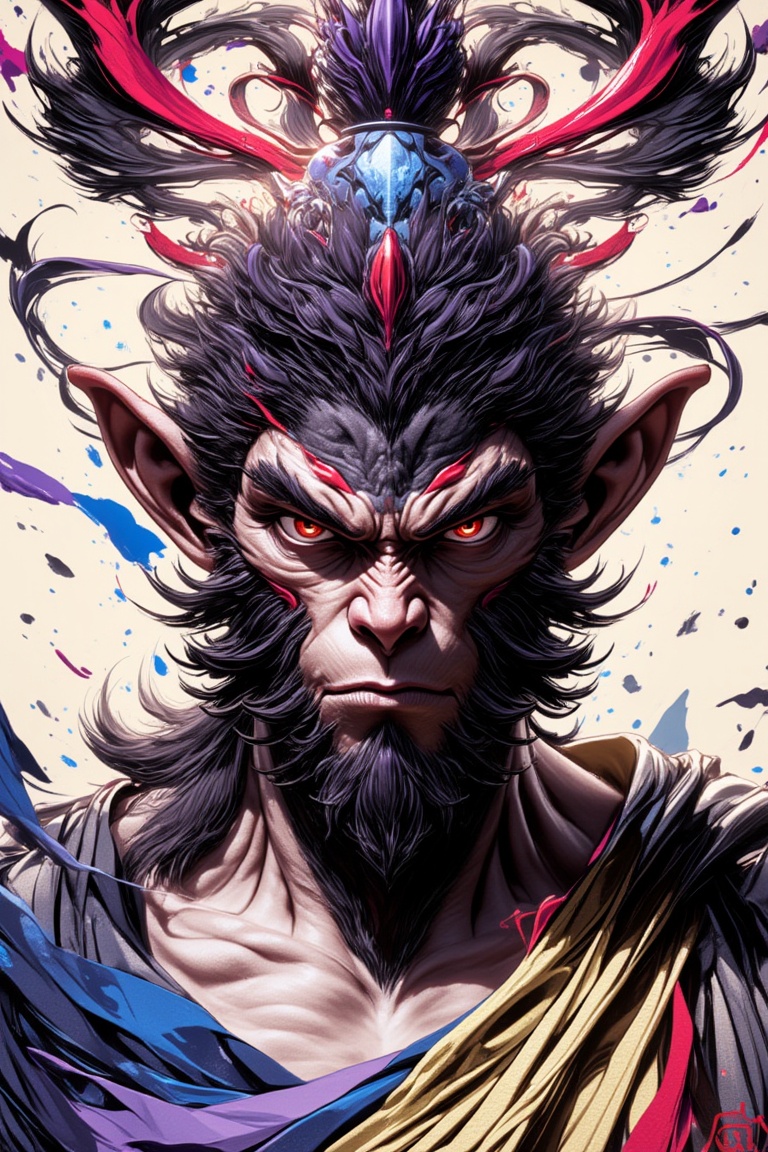 A majestic,  close-up portrait of Wukong's wise and powerful head,  rendered in exquisite ink art style with bold brushstr...