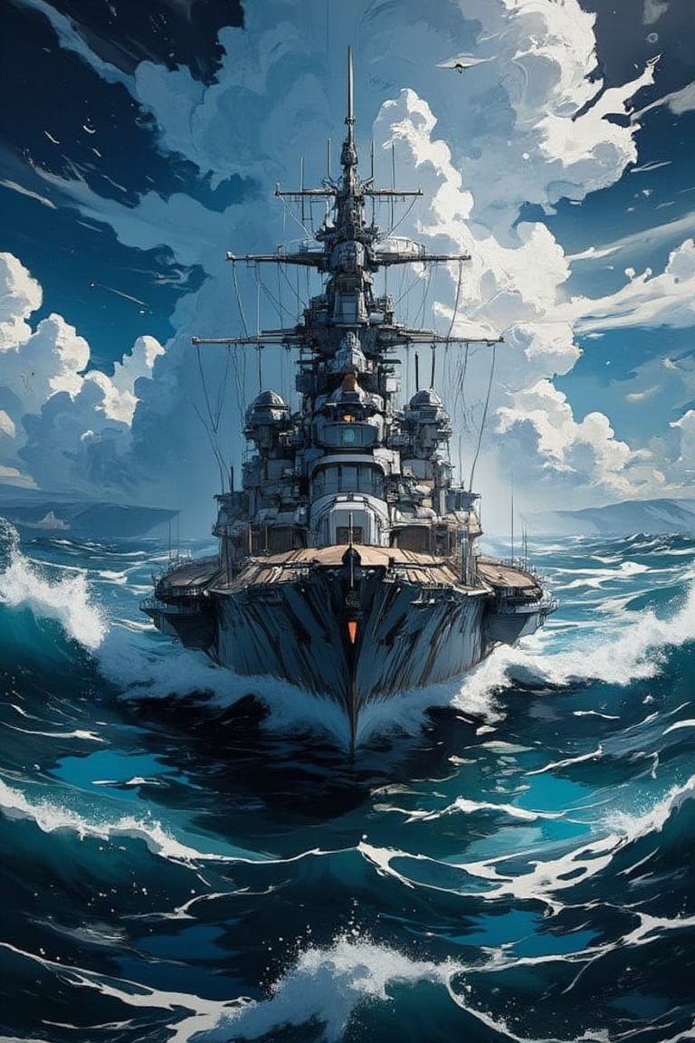 Space Battleship Yamato,  sailing through stormy seas,  Makoto Shinkai style on Tensor.Art