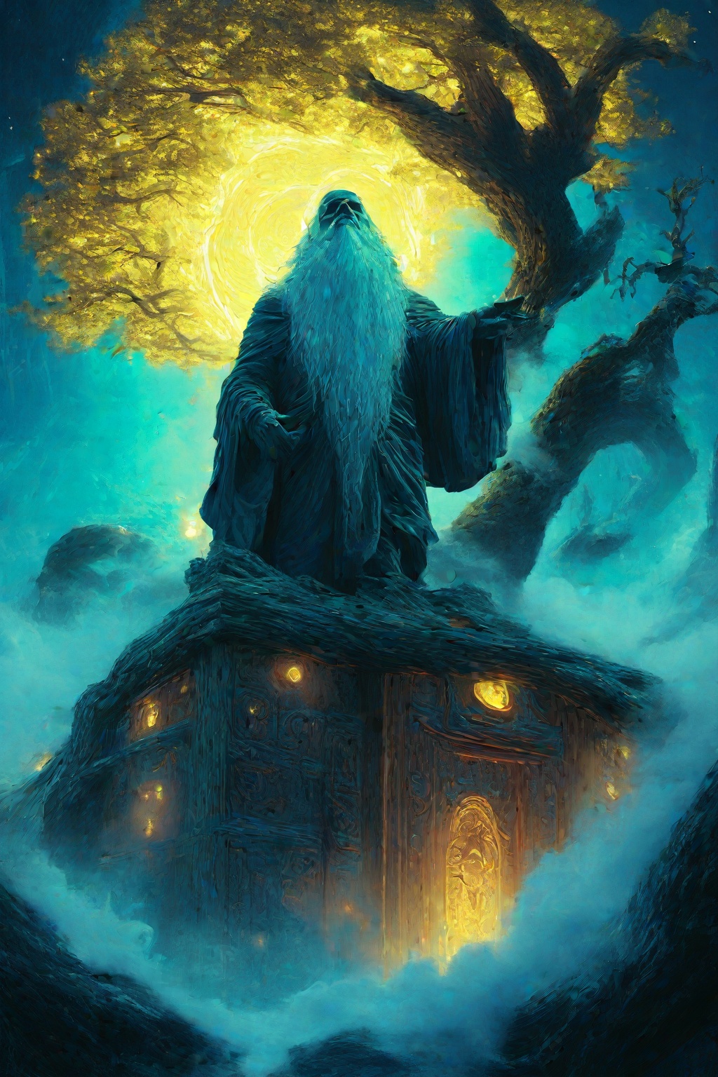 A majestic Odin perches upon Yggdrasil's gnarled branch,  surrounded by swirling mist and radiant golden light. The All-Fa...