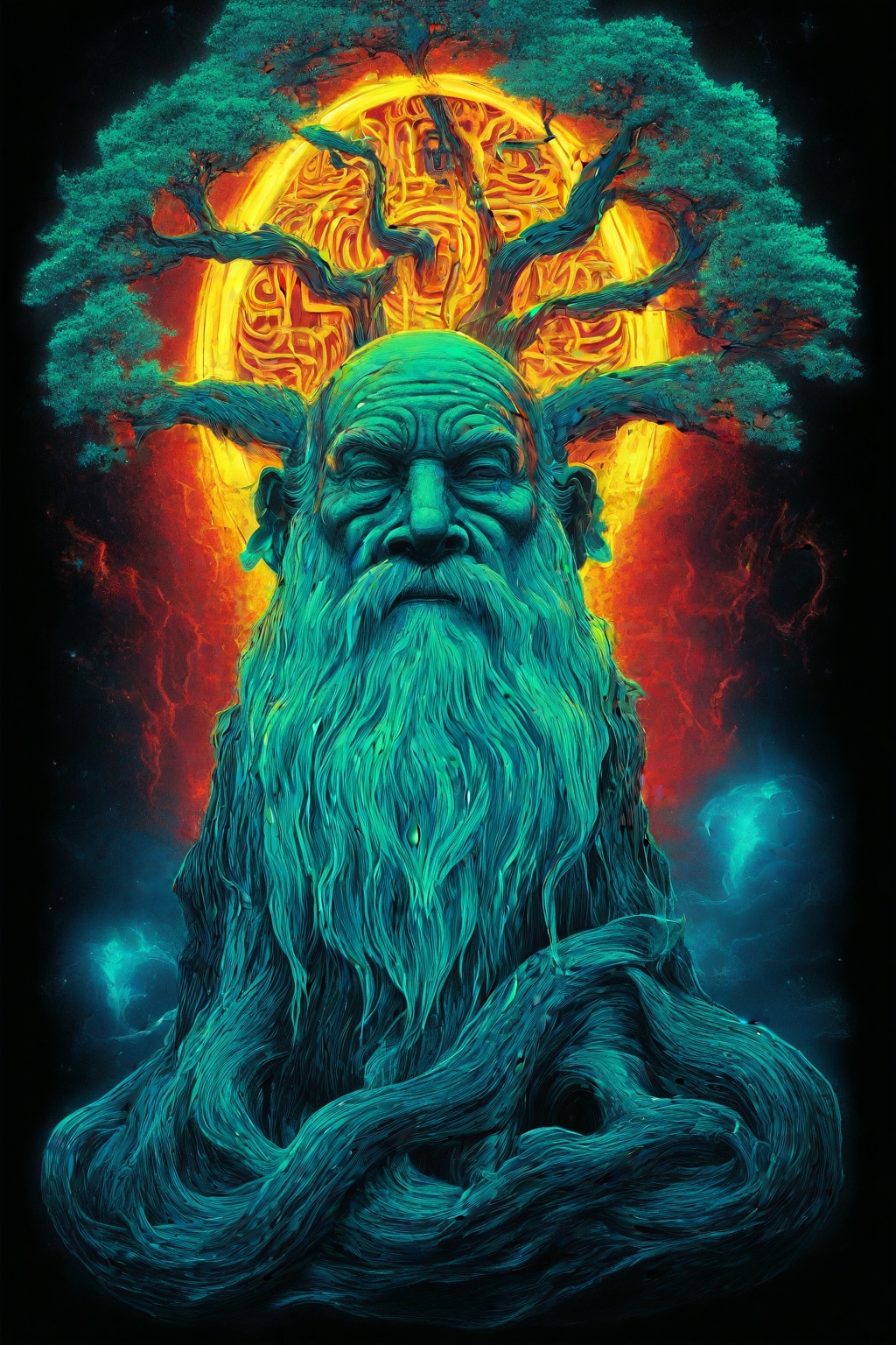 Epic artwork vector logo ,  insane details odin hanging on yggdrasil,  glowing runes on Tensor.Art