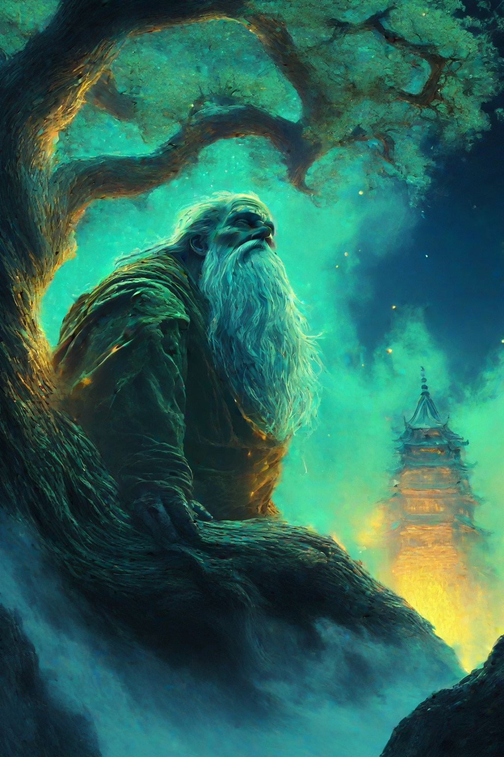 A majestic Odin perches upon Yggdrasil's gnarled branch,  surrounded by swirling mist and radiant golden light. The All-Fa...