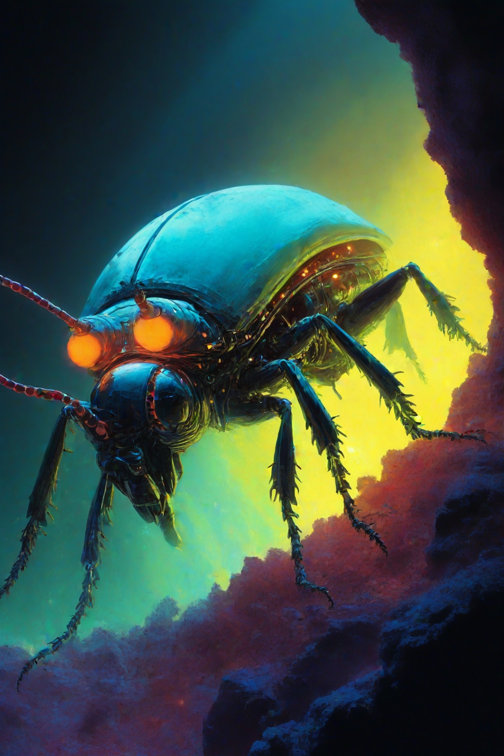 A bioluminescent beetle in a mechanical exosuit,  tunneling through a glowing,  crystalline earth on Tensor.Art