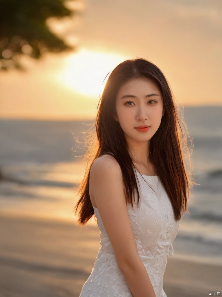 Close-up shot of a 16-year-old Asian girl standing on the beach's edge, with the warm sunlight casting a golden glow on her face and shoulders. Her long dark hair blows gently in the sea breeze as she gazes out at the turquoise waters, a carefree expression on her features.