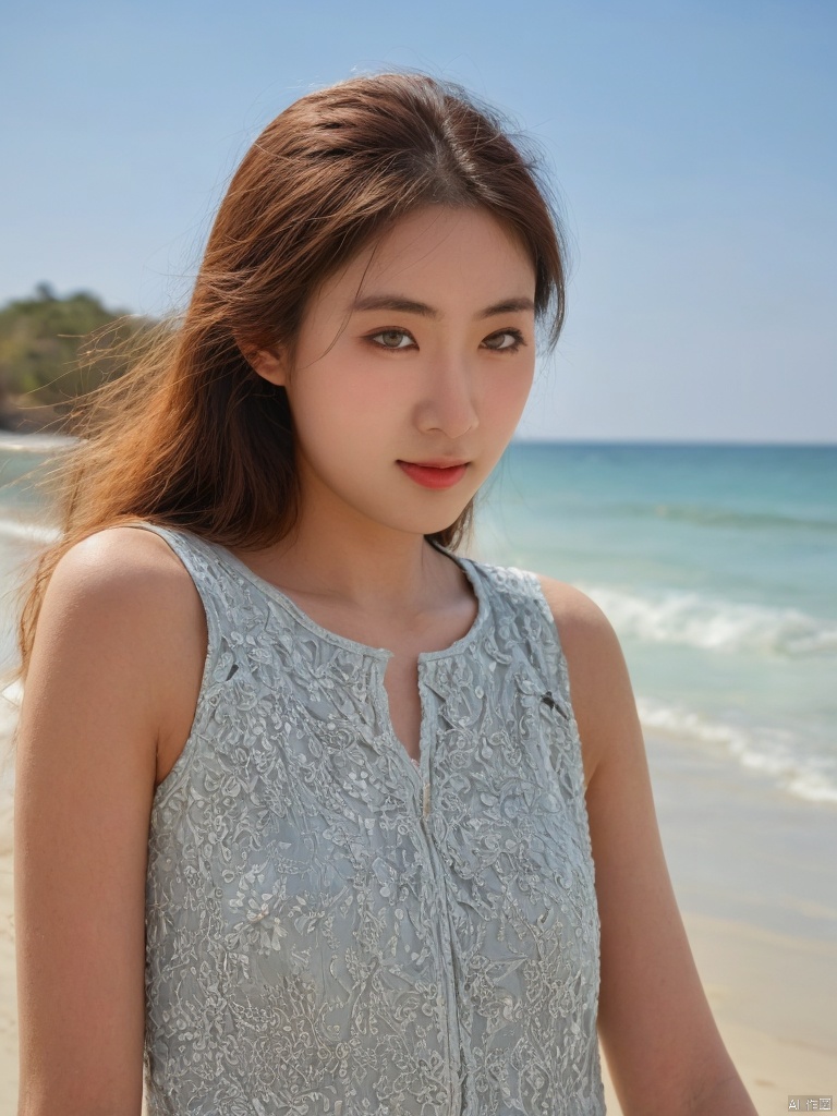 Close-up shot of a 16-year-old Asian girl standing on the beach's edge, with the warm sunlight casting a golden glow on her face and shoulders. Her long dark hair blows gently in the sea breeze as she gazes out at the turquoise waters, a carefree expression on her features.