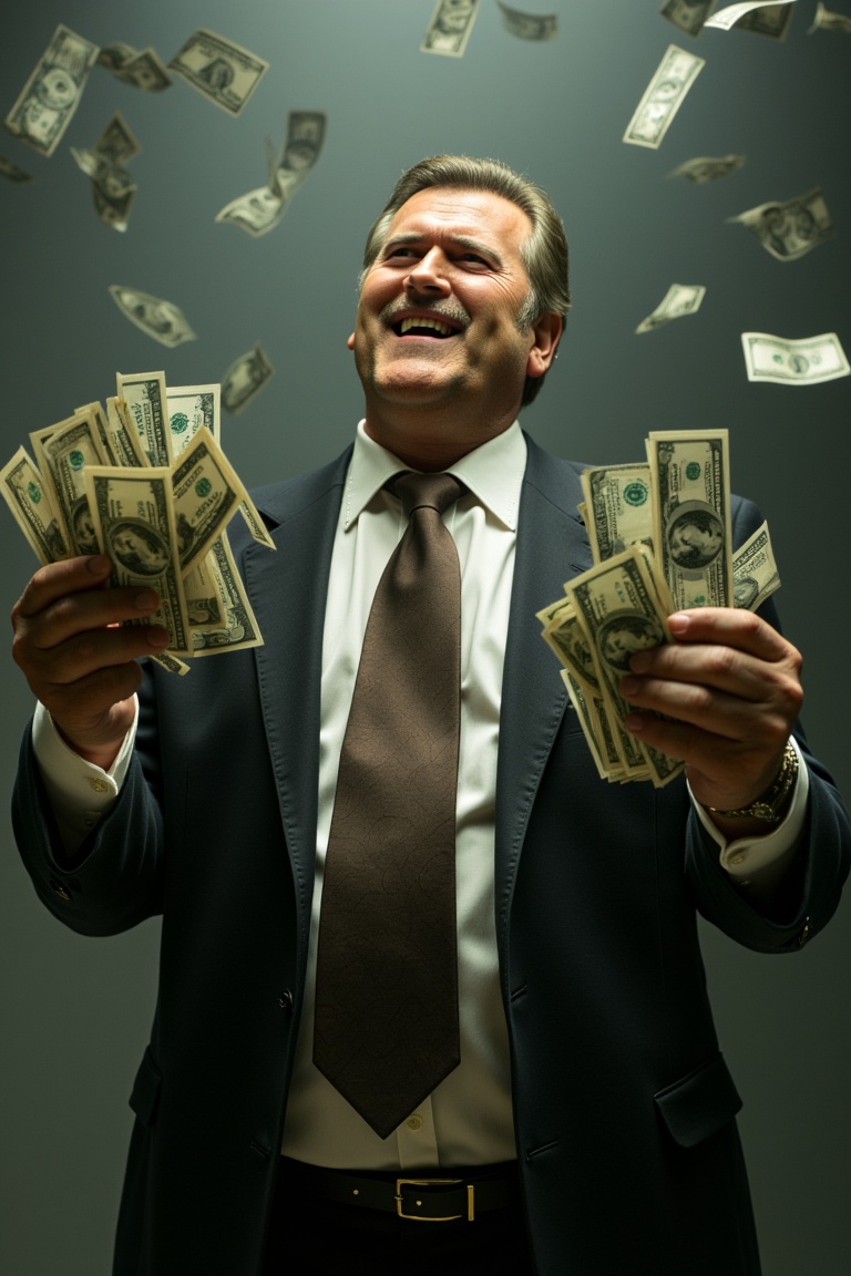 bruc3campb3ll dressed as a greedy banker with fists full of money and dollar bills raining from the sky. upper body pose,...