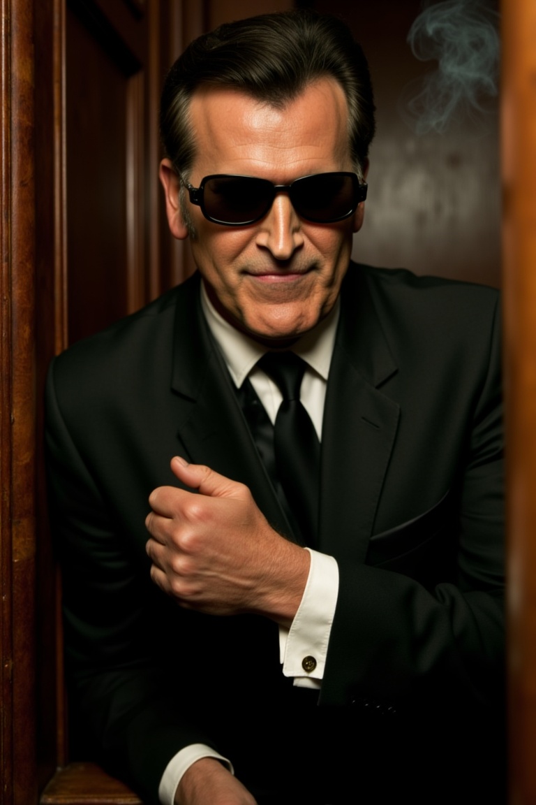 Mid-shot of Bruc3campb3ll,  dressed in a tailored suit and sunglasses,  exuding an air of menace and charm. He leans again...