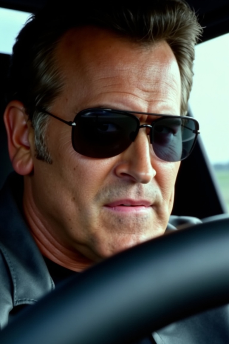 Fast-paced close-up of Bruce Campbell's determined face,  his eyes squinting behind sunglasses as he grips a steering whee...