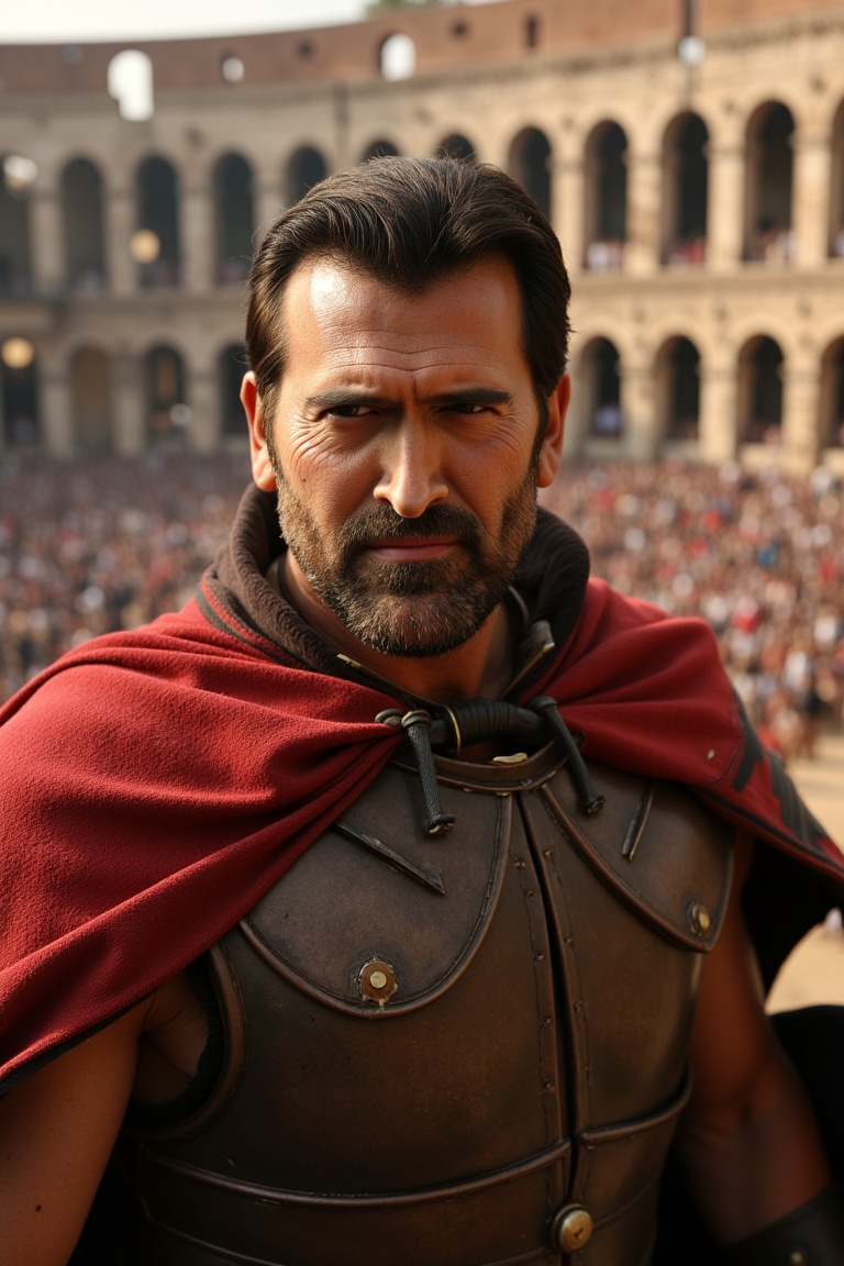 bruc3campb3ll as awarrior Bruc3campb3ll,  clad in worn leather armor and adorned with a crimson cape,  victorious amidst t...