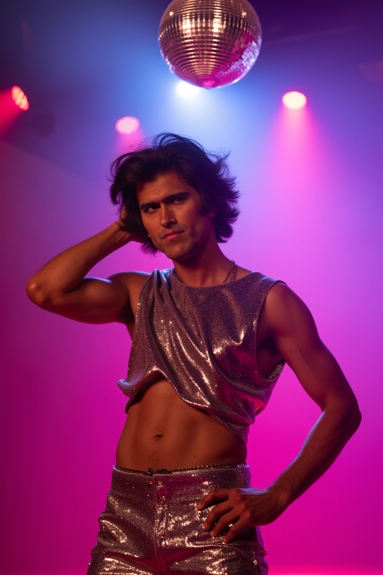 bruc3campb3ll,  a young man,  dressed as a disco dancer from the 1970s on Tensor.Art