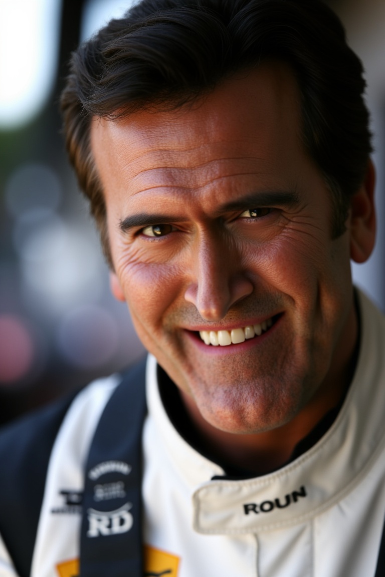 Close-up shot of Bruce Campbell,  he is a race car driver on Tensor.Art