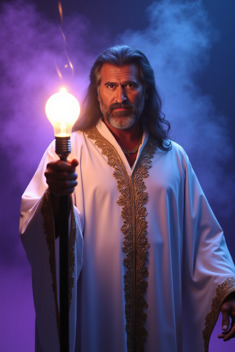 A majestic bruc3campb3ll,  dressed in a flowing white robe with intricate golden trim,  grasps a staff topped with a domes...