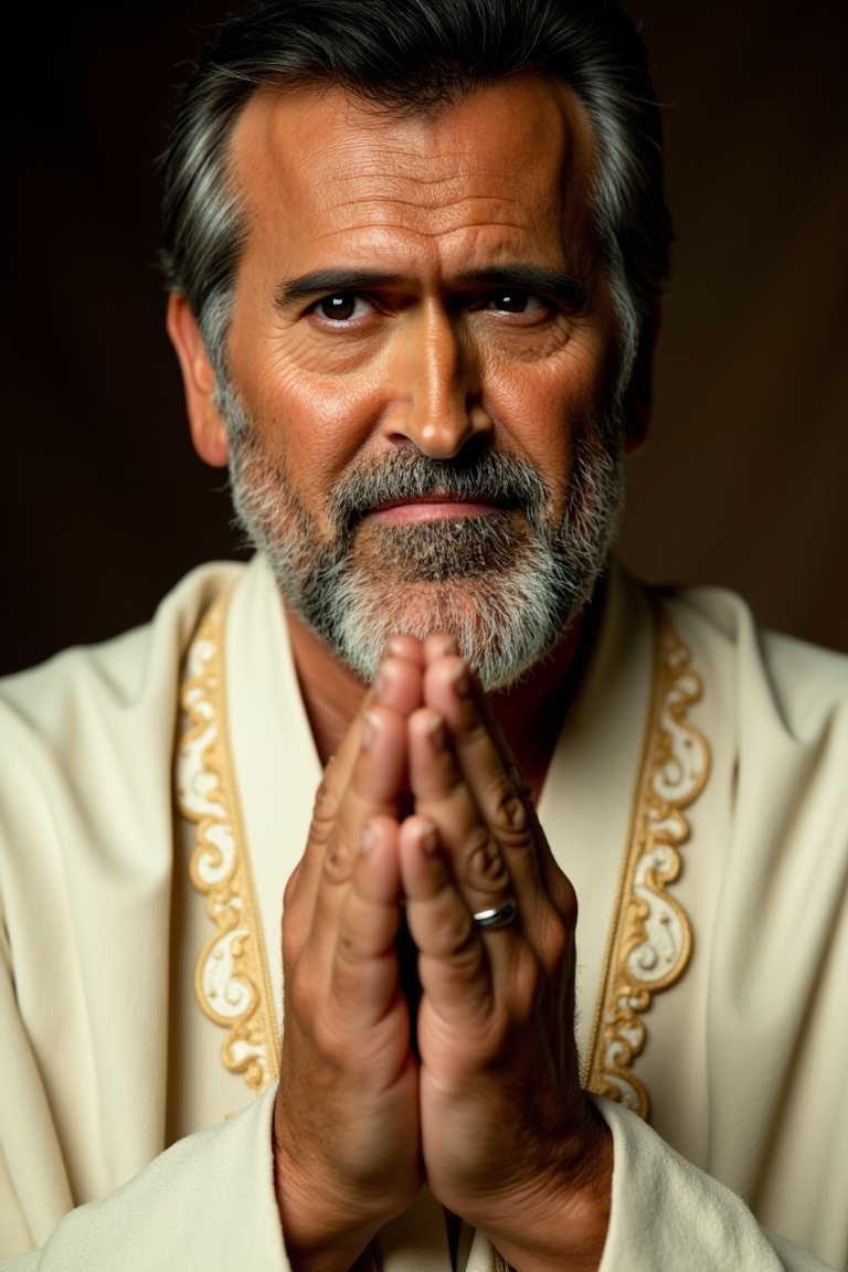 Close-up shot of Bruce Campbell,  eyes squinting with wisdom,  beard flecked with gray on Tensor.Art
