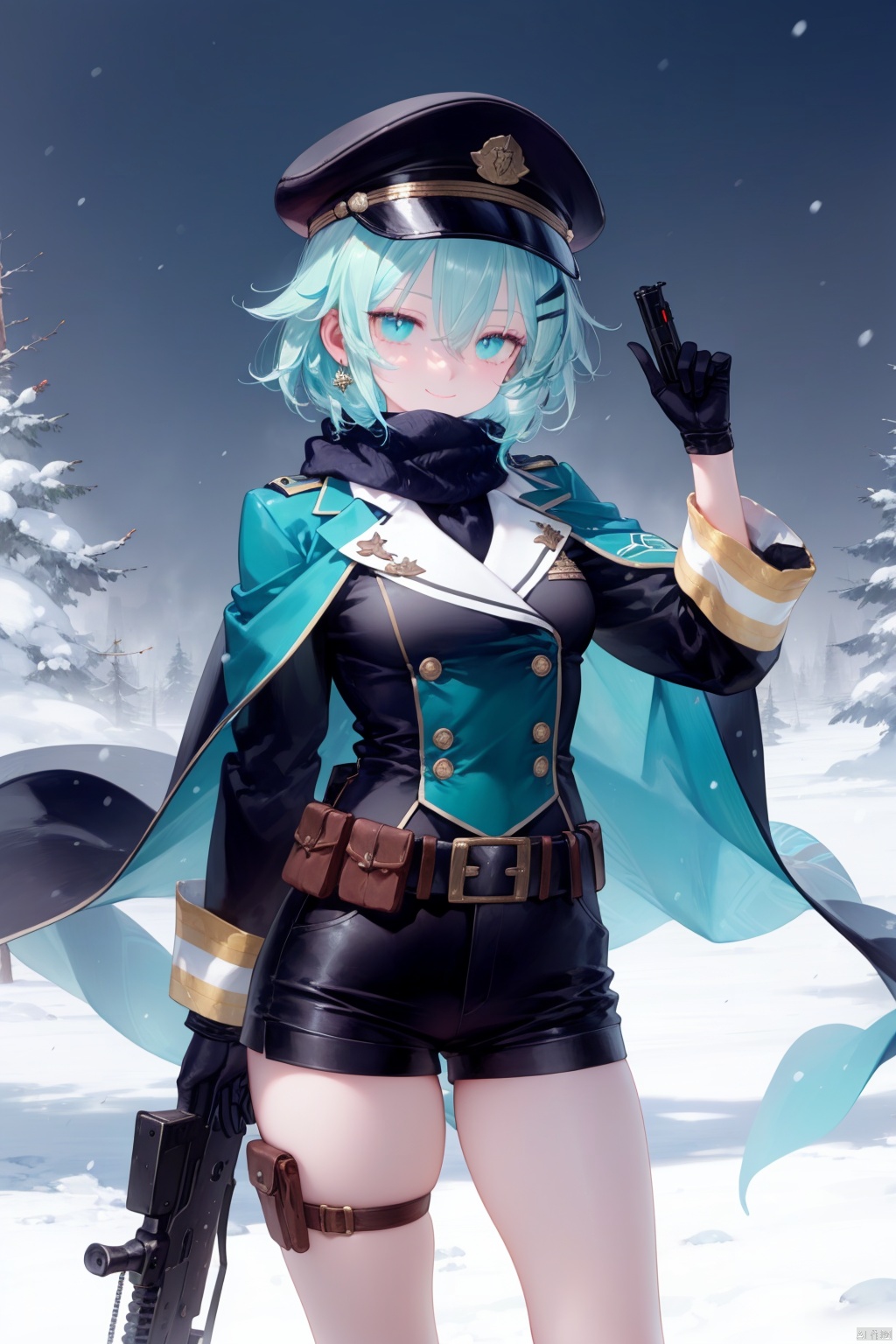 1girl, sinon, gun, solo, weapon, white scarf, hat, holding weapon, looking at viewer, holding gun, hair ornament, bangs, gloves, smile, long sleeves, hair between eyes, white gloves, scarf, military, black shorts, holding, anti-materiel rifle, black headwear, belt, hairclip, breasts, rifle, snowing, black jacket, short hair, aqua hair, black cape, jacket, cowboy shot, hand up, military uniform, slit pupils, light particles, shorts, white belt, aqua eyes, thigh strap, arm up, sidelocks, closed mouth, blush, sniper rifle, medium breasts, cape, double-breasted, buttons, energy, magic, outdoors, glowing, standing, short shorts, uniform, thighs