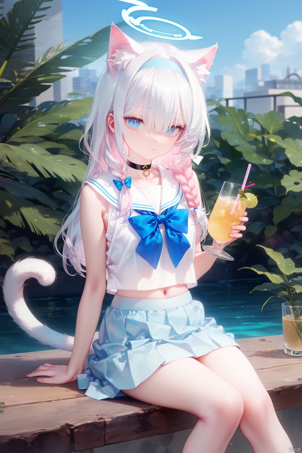 white skirt, 1girl, drinking straw, choker, blue bow, halo, skirt, long hair, arona \(blue archive\), sitting, ice, bow, solo, hairband, navel, braid, blue bowtie, very long hair, crop top, animal ears, ice cube, midriff, bowtie, holding, tail, pink hair, cup, black choker, colored inner hair, hair over one eye, white sailor collar, stomach, sailor collar, looking at viewer, drinking glass, flower, pleated skirt, multicolored hair, cat ears, serafuku, school uniform, food, animal ear fluff, white shirt, shirt, drink, cat tail, miniskirt, drinking, white hair, white flower, single braid, two-tone hair, water, bangs, kemonomimi mode, white hairband, black hairband, blurry, cat girl, fruit, blue eyes, holding cup, white serafuku, feet out of frame, hair bow, black eyes, soaking feet, side braid, extra ears, tropical drink, thighs, glass, hair ribbon, blue hair, asymmetrical bangs, ribbon, plant, white bow, arm support, depth of field, outdoors, eyes visible through hair, collarbone, alternate costume, capelet, heart, bow hairband, lemon, bendy straw, blurry background, sleeveless, red eyes, holding drink