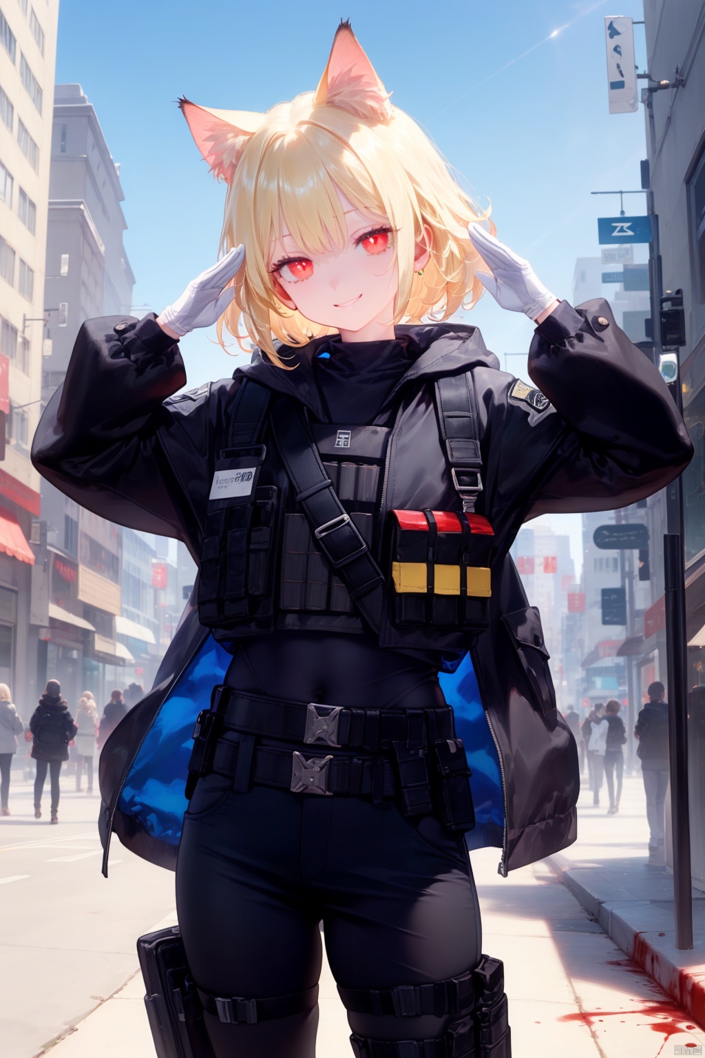 best quality,masterpiece,depth of field,(ciloranko),1girl,solo,(blonde hair),cat ears,slit pupils,tactical clothes,black parka,tactical belt,tactical pants,tactical gloves,bulletproof vest,crazy smile,head tilt,red eyes,blood on face,
clear sky,sunshine,detail sky,wind,ruins,broken street,salute,