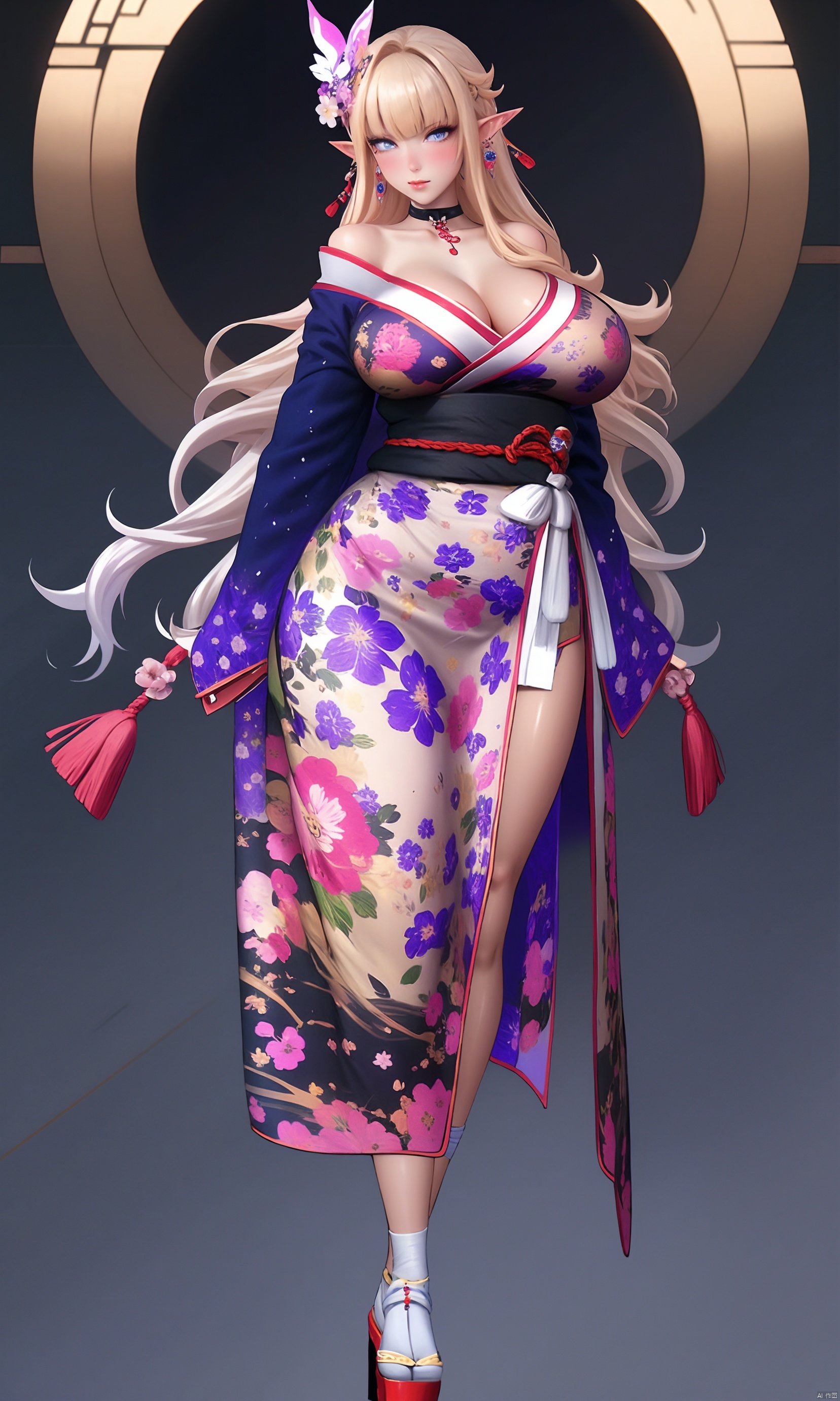 1girl
solo
long hair
breasts
looking at viewer
bangs
blue eyes
large breasts
hair ornament
long sleeves
cleavage
bare shoulders
jewelry
very long hair
closed mouth
standing
collarbone
flower
earrings
frills
japanese clothes
choker
pointy ears
dark skin
wide sleeves
blunt bangs
kimono
off shoulder
dark-skinned female
gradient
sash
obi
floral print
elf
tabi
butterfly hair ornament
print kimono
platform footwear
