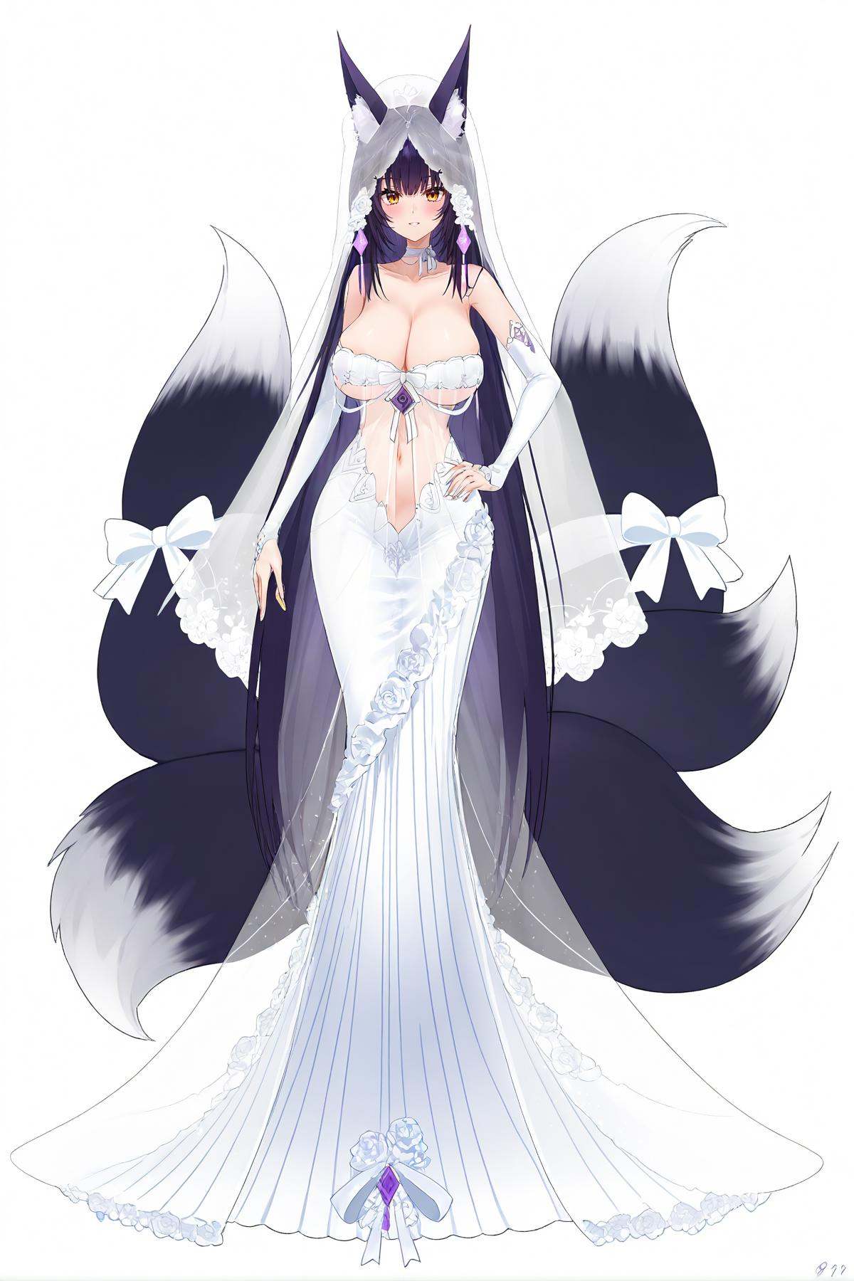 score_9, score_8_up, score_7_up, score_anime, nai3, <lora:YLI 0.1v:0.5>, <lora:style1:0.5>, 8k, best quality, masterpiece, (ultra-detailed), (white background,simple background), solo, (hands on hip:1.1), (full body:1.1), looking at viewer, <lora:wuzang-atw-Tanger:0.8>, official alternate costume, wuzang, wedding dress, 1girl, animal ears, solo, tail, dress, long hair, fox ears, large breasts, yellow eyes, purple eyes, white dress, bridal veil, fox tail, multiple tails, 