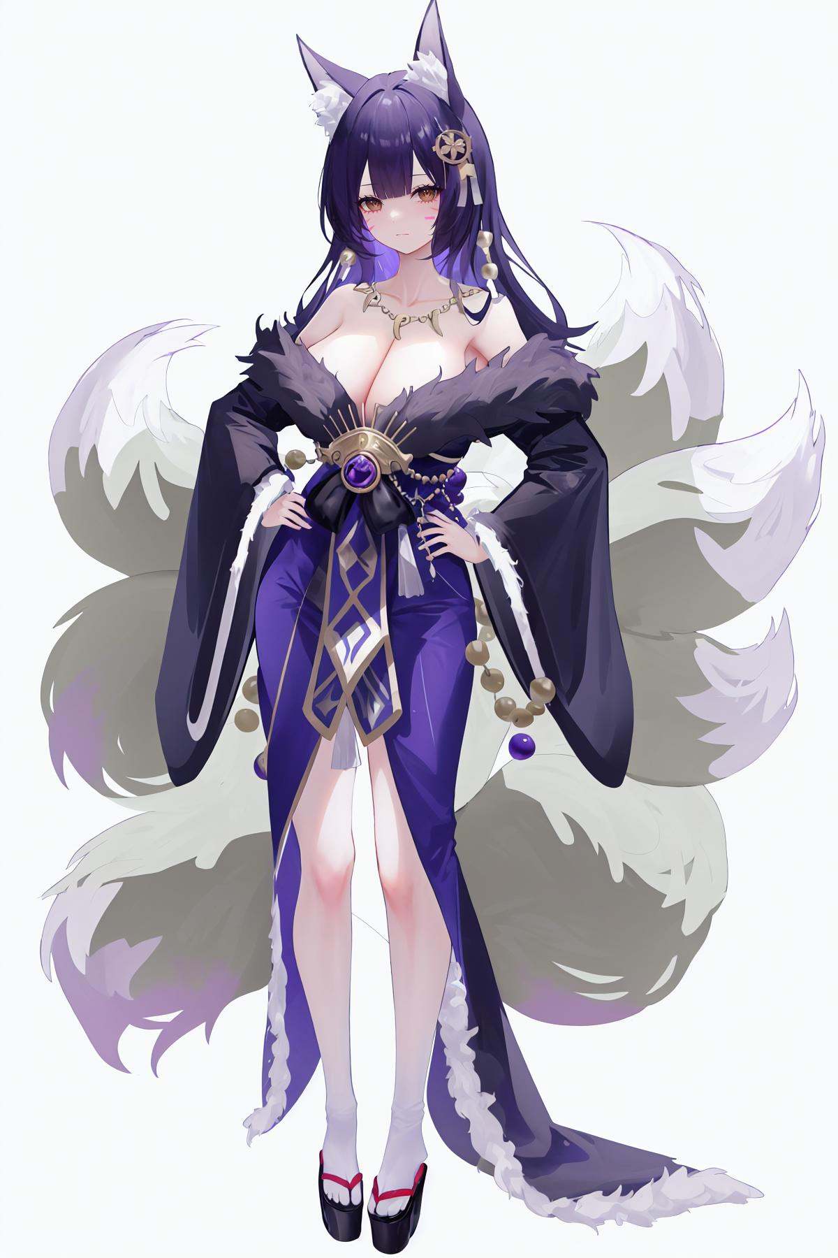 8k, best quality, masterpiece, (ultra-detailed), (white background,simple background), solo, (hands on hip:1.1), (full body:1.1), looking at viewer, <lora:wuzang-sd-Tanger:1>, uzang, default clothes, 1girl, magatama necklace, tail, magatama, fox ears, solo, long hair, jewelry, fox tail, japanese clothes, cleavage, black hair, necklace, large breasts, facial mark, fur trim, multiple tails, fox girl, kimono, beads, prayer beads, 