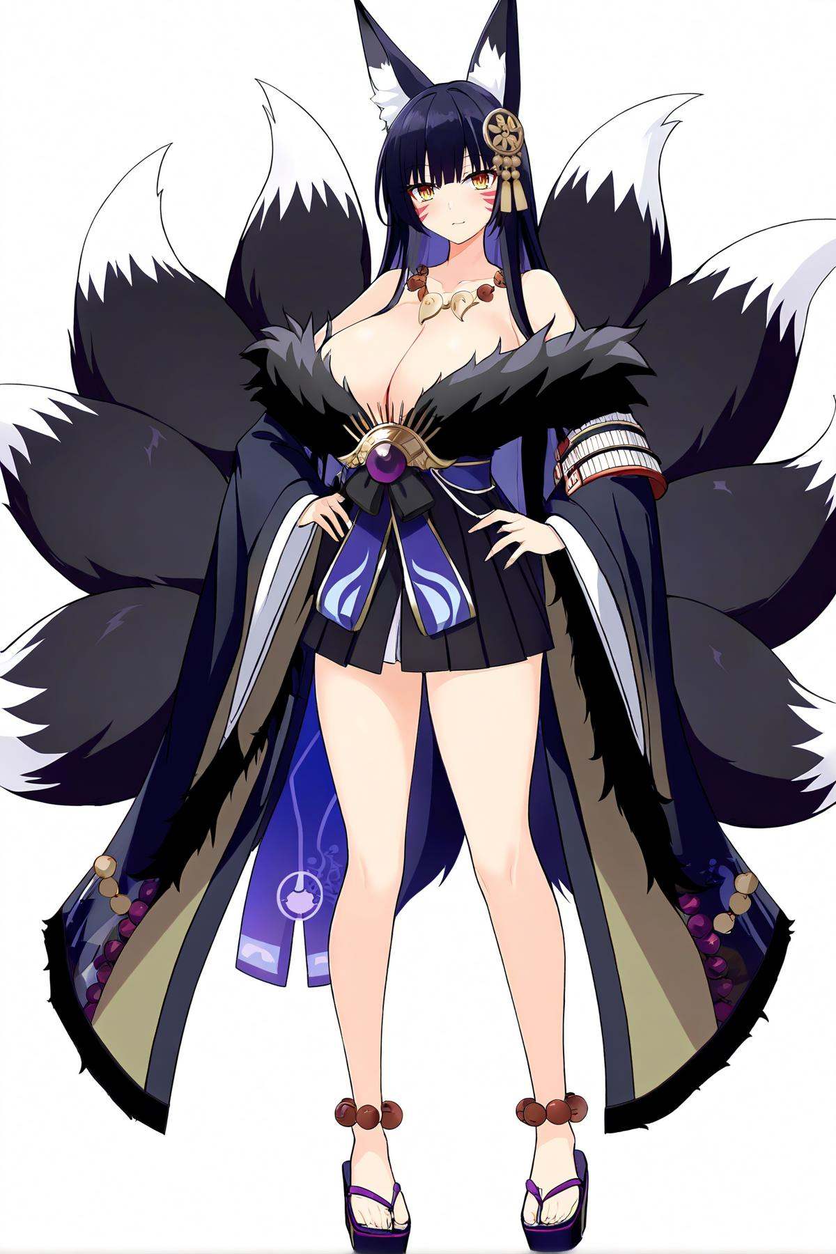 8k, best quality, masterpiece, (ultra-detailed), (white background,simple background), solo, (hands on hip:1.1), (full body:1.1), looking at viewer, <lora:wuzang-a3-Tanger:0.8>,wuzang, default clothes, 1girl, magatama necklace, tail, magatama, fox ears, solo, long hair, jewelry, fox tail, japanese clothes, cleavage, black hair, necklace, large breasts, facial mark, fur trim, multiple tails, fox girl, kimono, beads, prayer beads, 